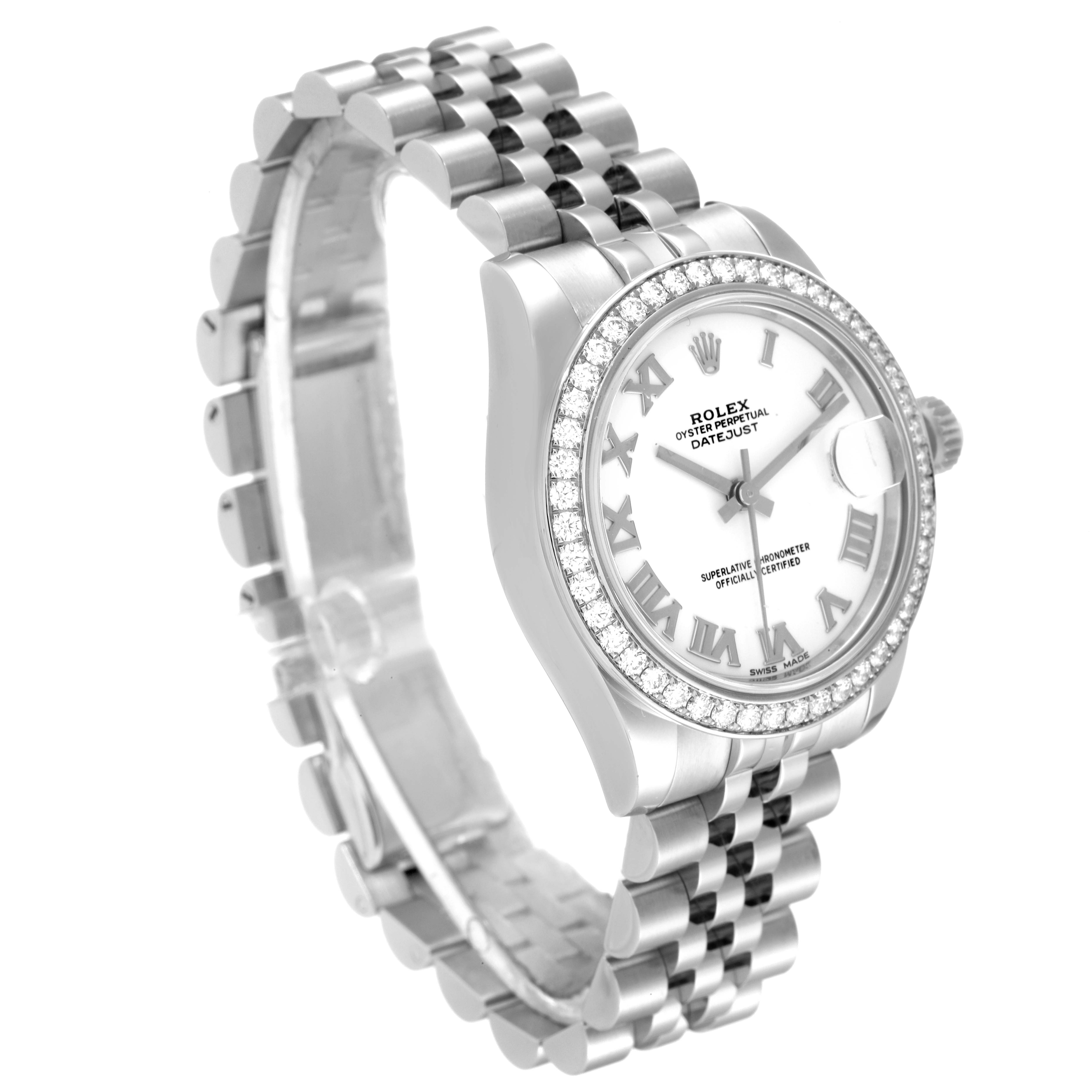 The image shows a Rolex Mid-Size 178384 Women
s Stainless Steel White Dial 178384 Women
s Stainless Steel White Dial Oyster Perpetual Datejust watch displayed at a slight angle, featuring a white dial and a metal bracelet.