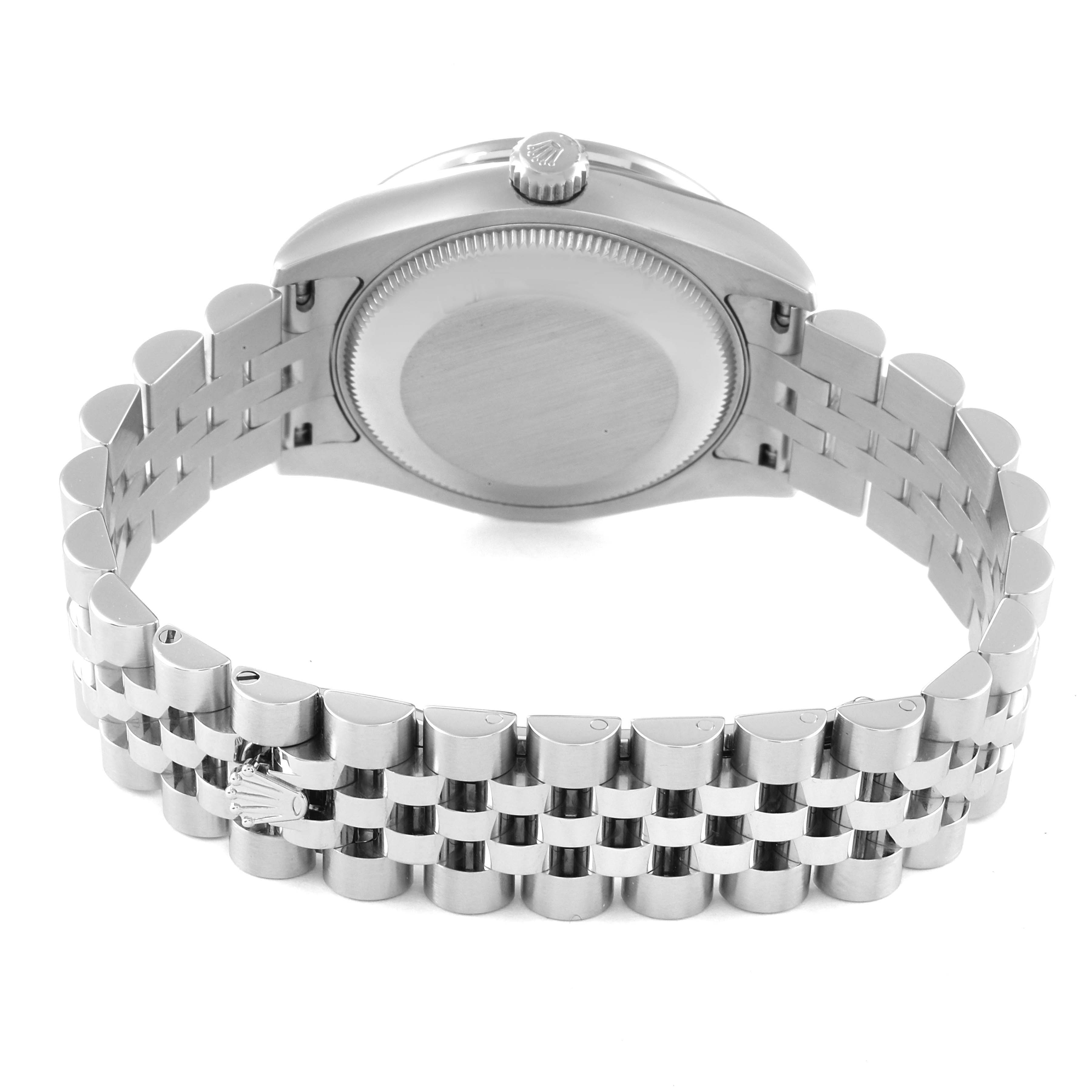 This image shows the back case and bracelet of a Mid-Size Rolex watch.