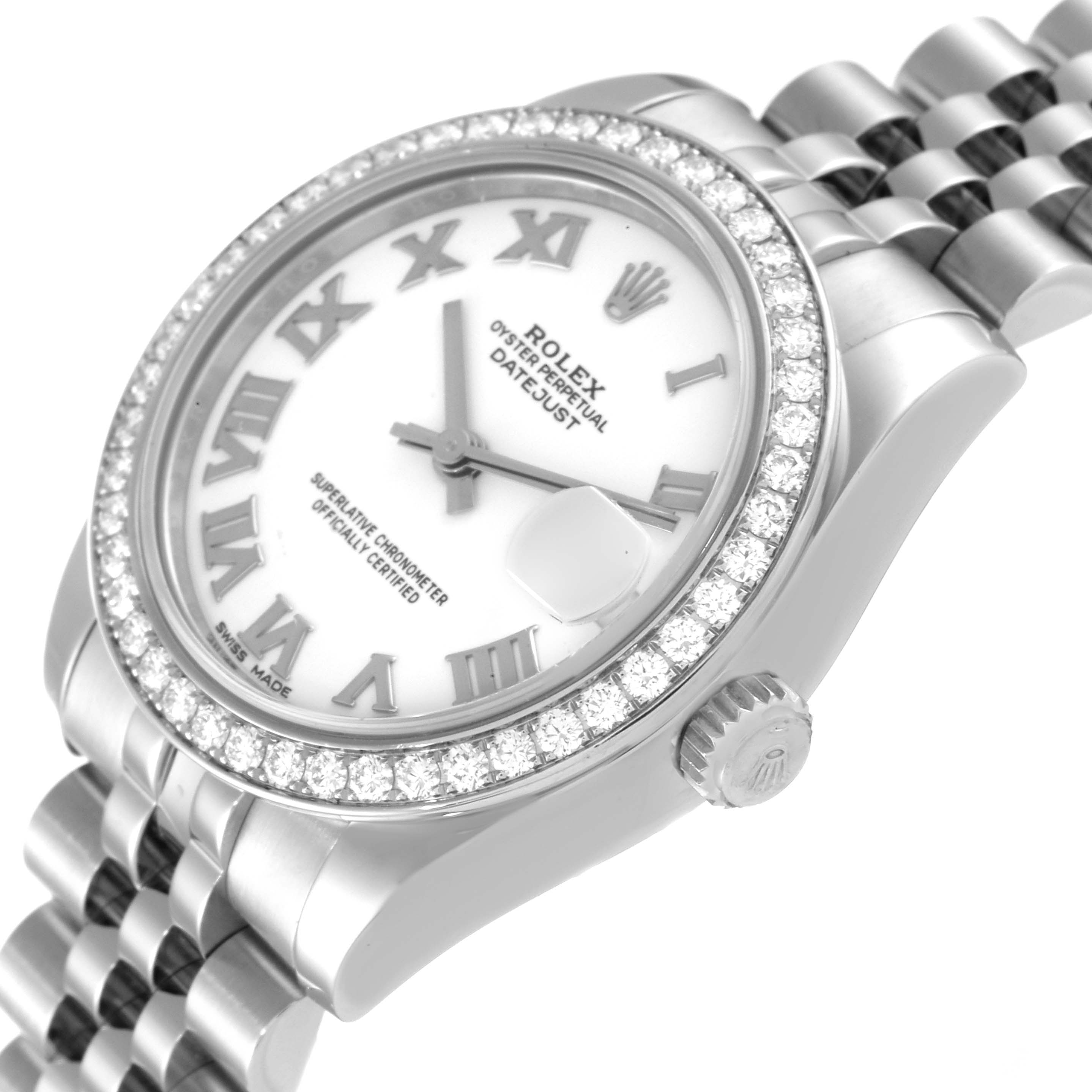 The image shows a Rolex Mid-Size 178384 Women
s Stainless Steel White Dial 178384 Women
s Stainless Steel White Dial Datejust watch at an angled view, highlighting the bezel, crown, and partial bracelet.