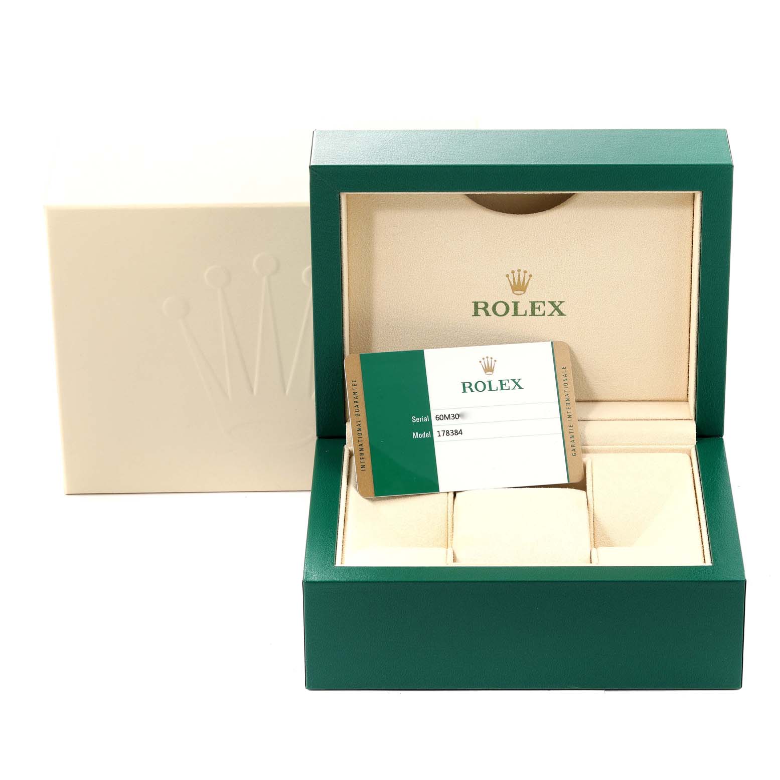 The image shows a Rolex Mid-Size 178384 Women
s Stainless Steel White Dial 178384 Women
s Stainless Steel White Dial model watch box and Best Quality
ity card, with both the green inner box and outer box visible.