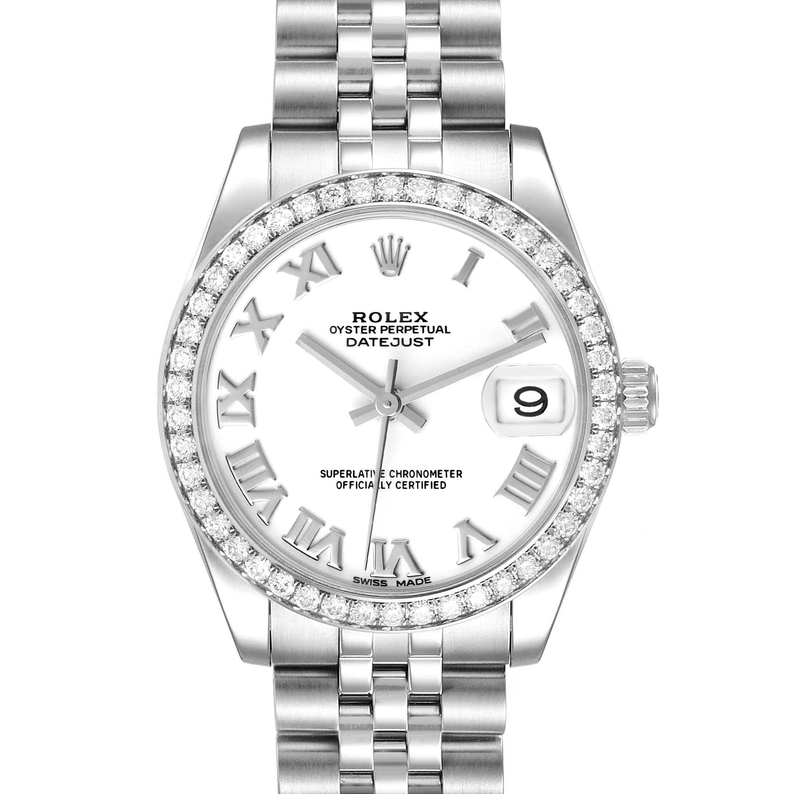 This image shows a frontal view of the Rolex Oyster Perpetual Datejust Mid-Size watch, highlighting its dial, bezel, and bracelet.