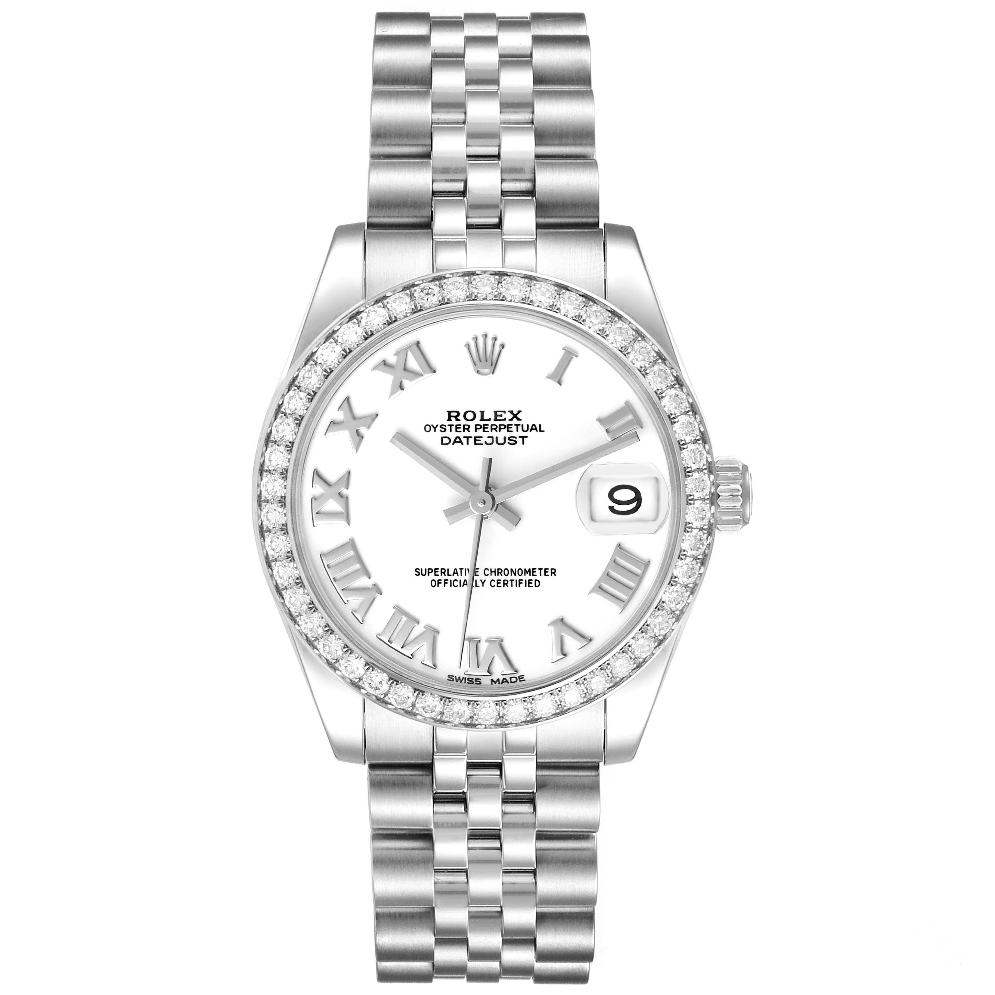 This image shows a Rolex Mid-Size 178384 Women
s Stainless Steel White Dial 178384 Women
s Stainless Steel White Dial Datejust watch from a top-down angle, highlighting the face, bezel, and bracelet.