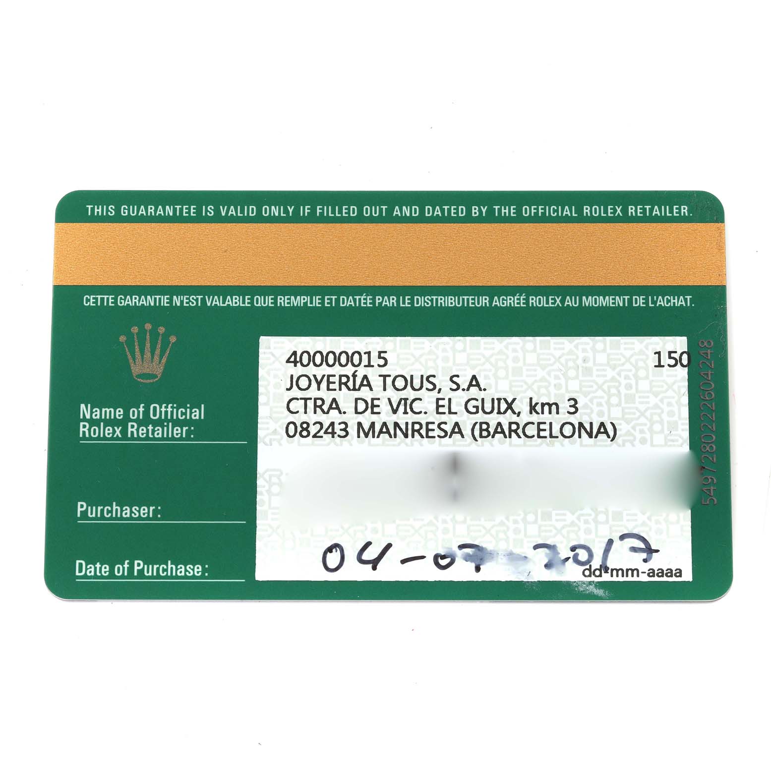 This image shows the guarantee card for a Rolex Mid-Size 178384 Women
s Stainless Steel White Dial 178384 Women
s Stainless Steel White Dial model, featuring the retailer
s details and date of purchase.