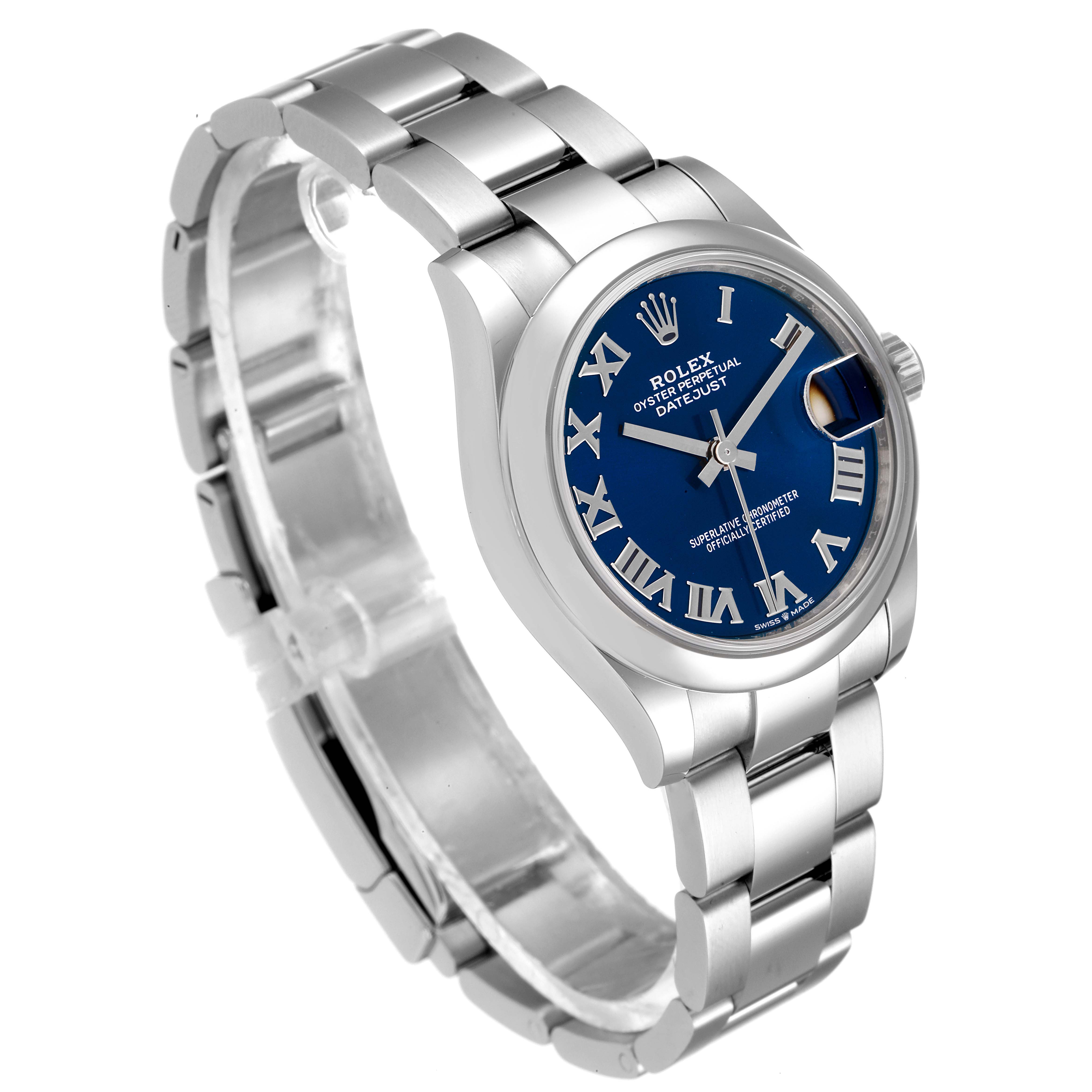 The image shows a Rolex Mid-Size 278240 Women
s Stainless Steel Blue Dial 278240 Women
s Stainless Steel Blue Dial Datejust watch at a slight angled view, featuring its blue dial, Roman numerals, and stainless steel bracelet.