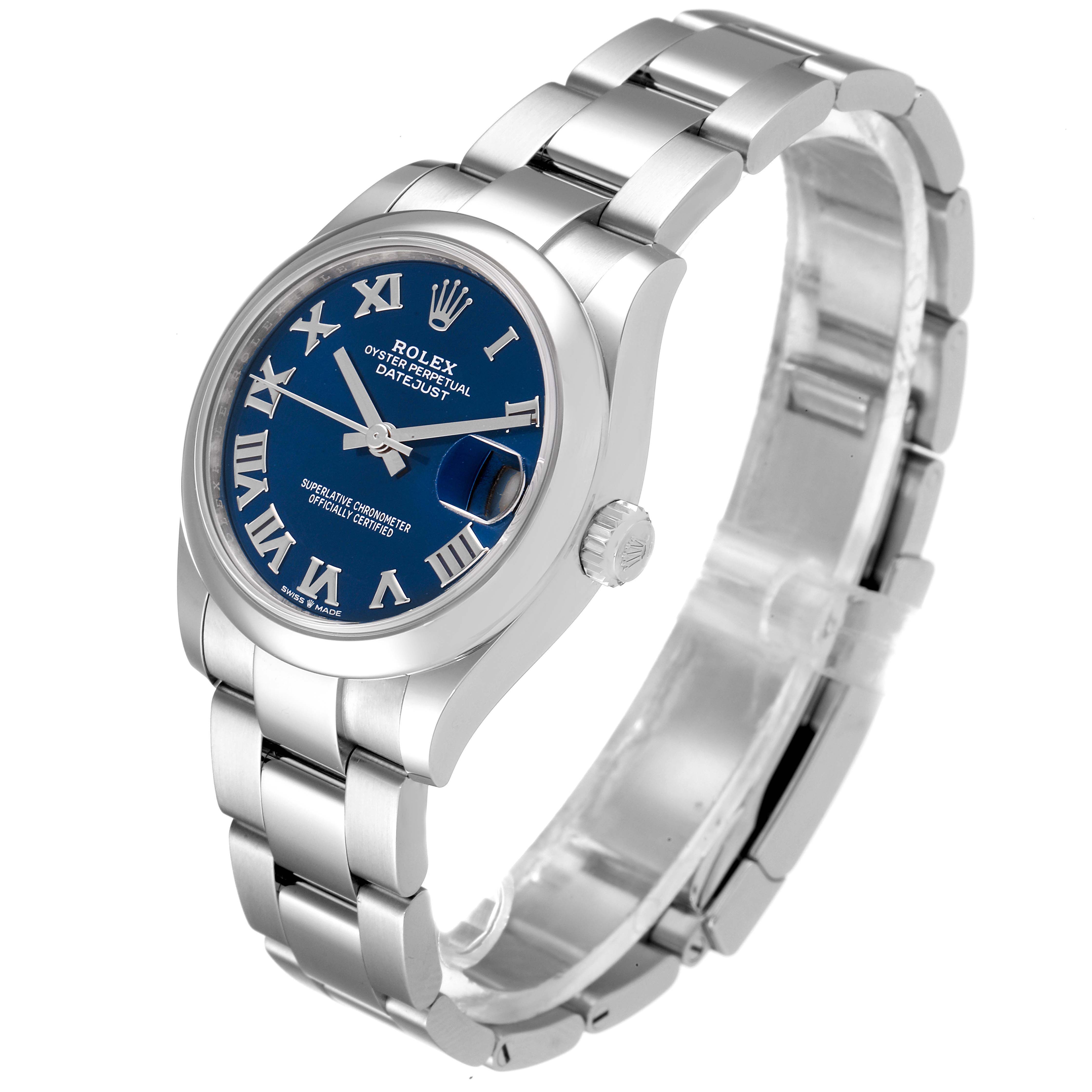 The Rolex Mid-Size 278240 Women
s Stainless Steel Blue Dial 278240 Women
s Stainless Steel Blue Dial Datejust watch is shown at an angled side view, displaying the blue dial, silver bracelet, and crown.