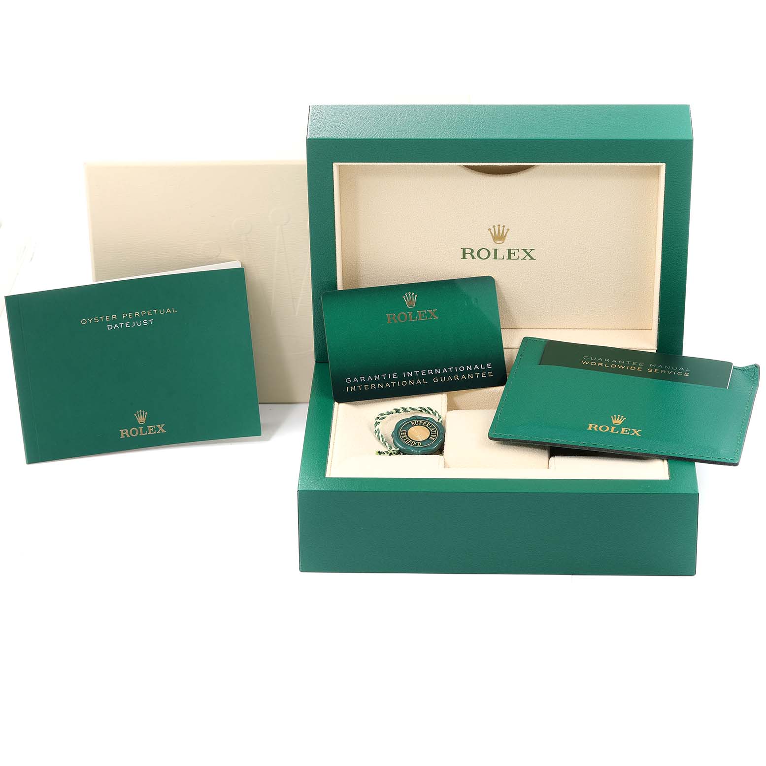 The image shows a Rolex Mid-Size 278240 Women
s Stainless Steel Blue Dial 278240 Women
s Stainless Steel Blue Dial model with its box, warranty card, manuals, and tag from a straight-on angle.
