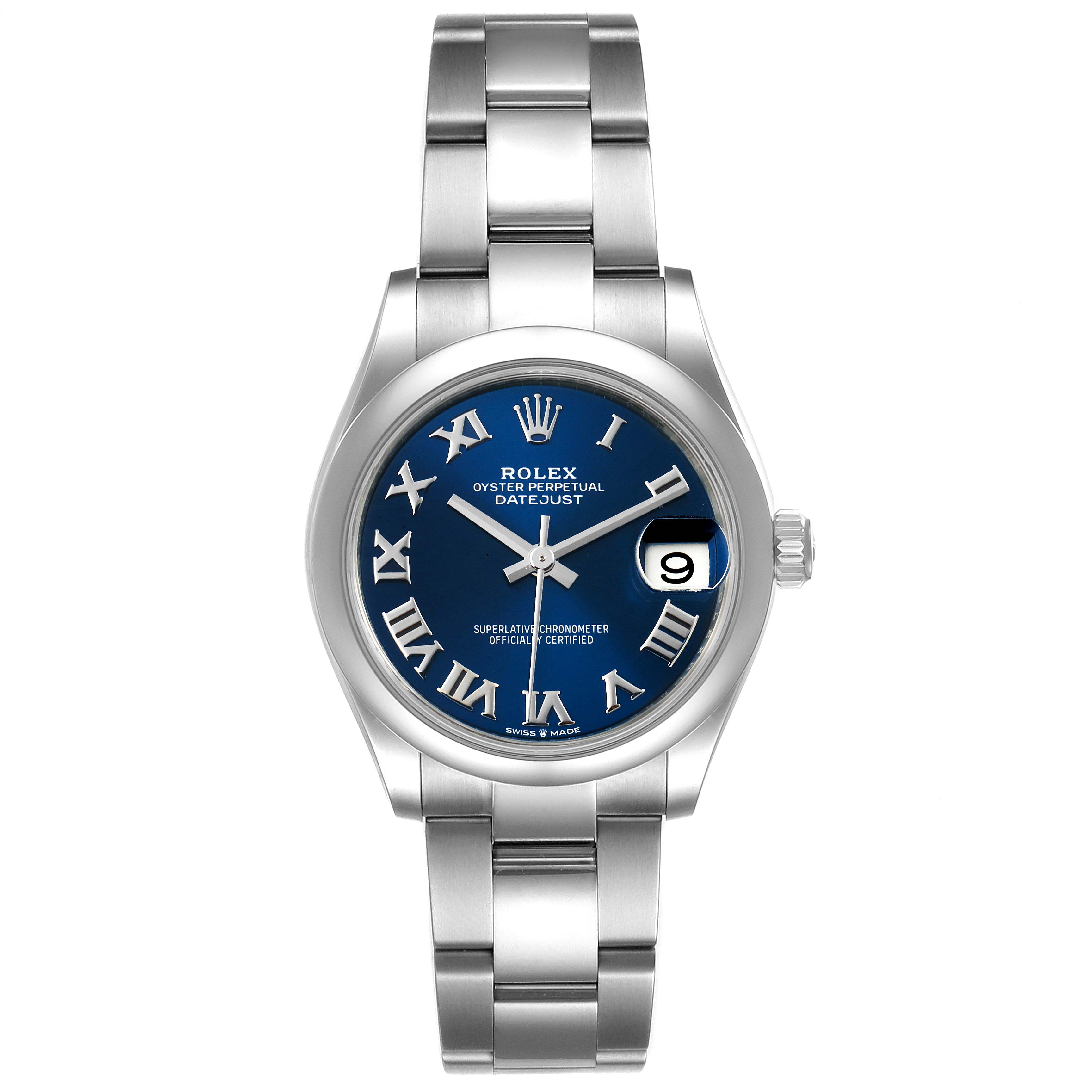 The image shows a front view of the Rolex Mid-Size 278240 Women
s Stainless Steel Blue Dial 278240 Women
s Stainless Steel Blue Dial Oyster Perpetual Datejust watch, highlighting its bracelet, dial, and date window.