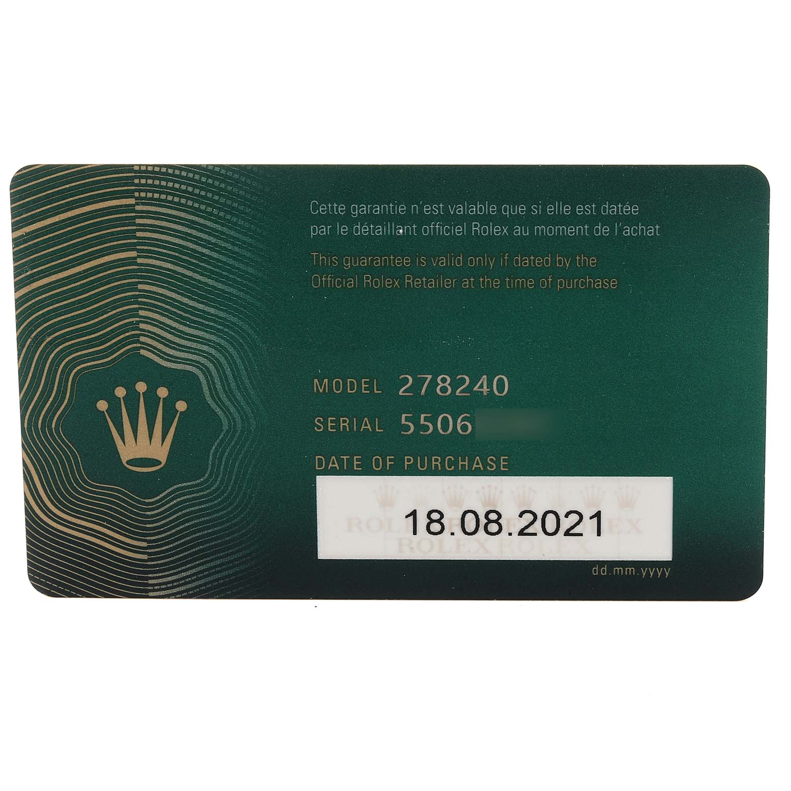 The image shows the front of a Rolex warranty card for the Mid-Size model 278240, including the purchase date.