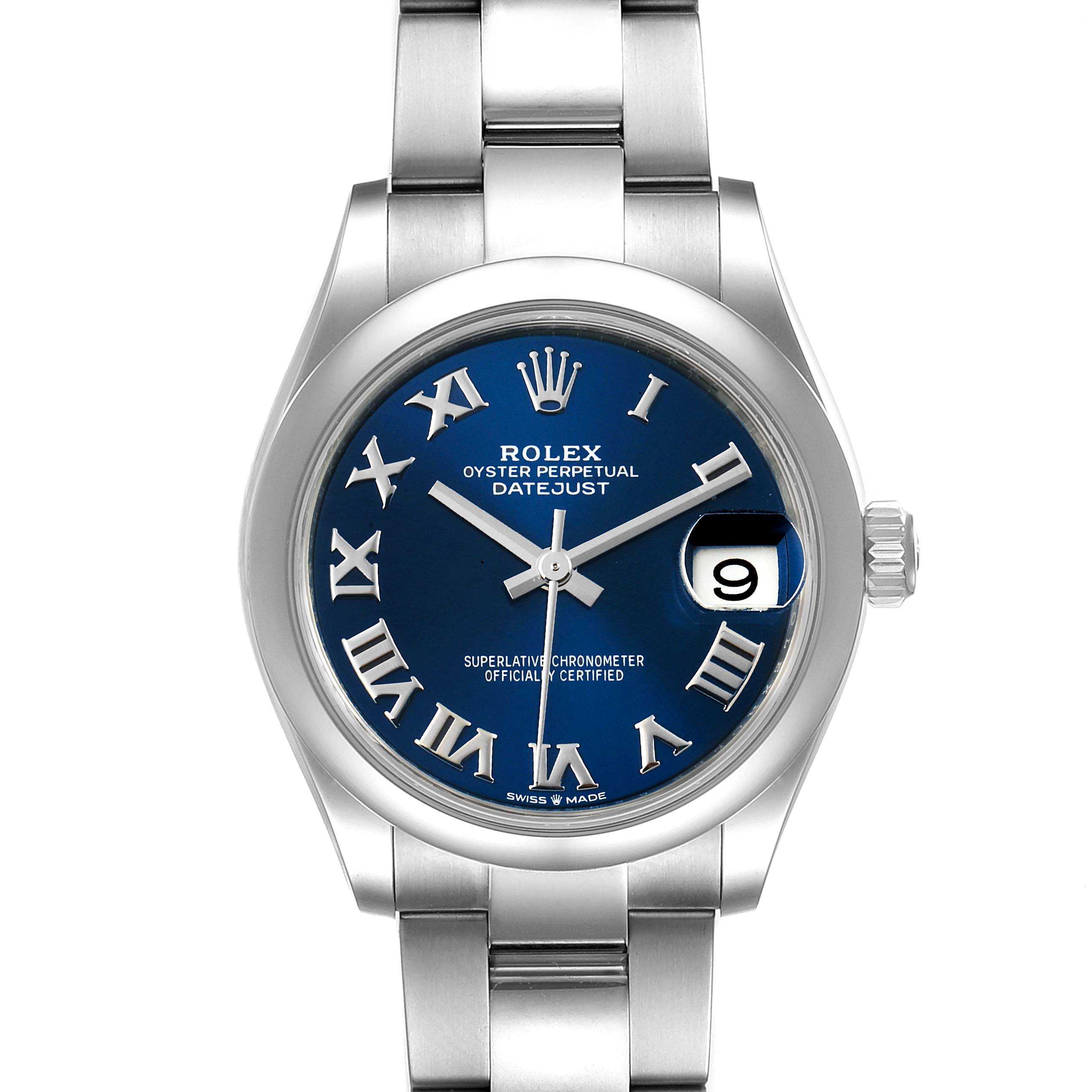 This image shows a front-facing view of the Rolex Mid-Size 278240 Women
s Stainless Steel Blue Dial 278240 Women
s Stainless Steel Blue Dial Oyster Perpetual Datejust watch, highlighting its blue dial and date display.