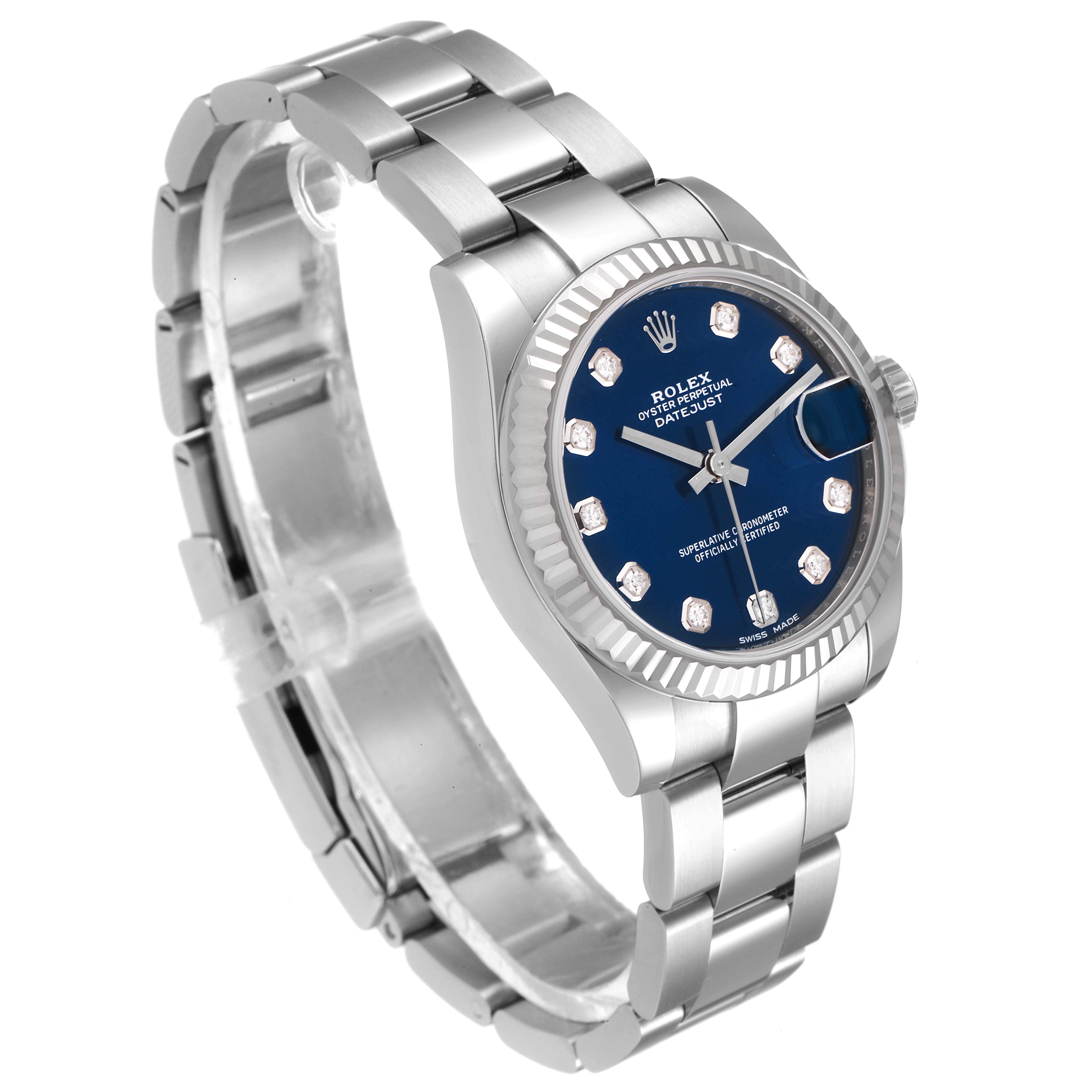 This image shows a Rolex Mid-Size 178274 Women
s Stainless Steel Blue Dial 178274 Women
s Stainless Steel Blue Dial Datejust watch at an angle, highlighting the bracelet, bezel, and blue dial with diamond hour markers.