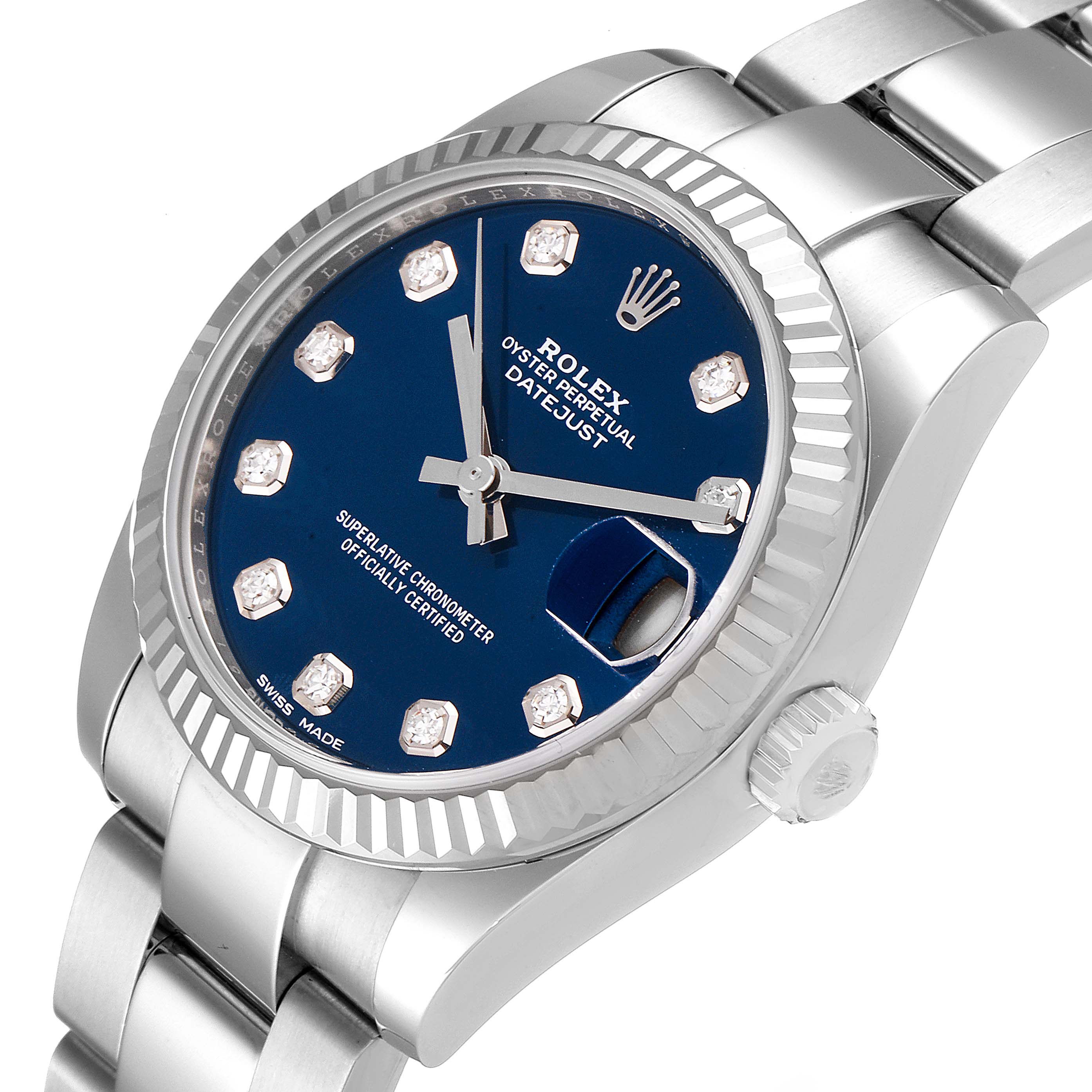 This image shows the face, bezel, and part of the bracelet of a Rolex Mid-Size 178274 Women
s Stainless Steel Blue Dial 178274 Women
s Stainless Steel Blue Dial Datejust watch at a slight angle.