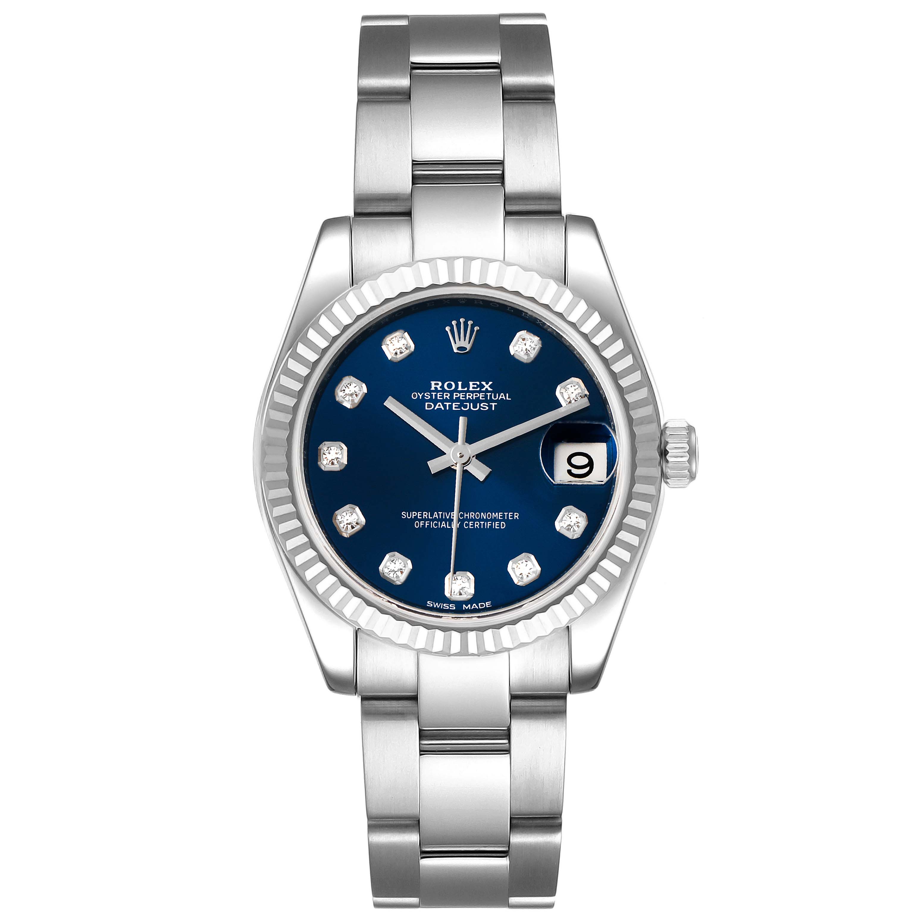 The Rolex Mid-Size 178274 Women
s Stainless Steel Blue Dial 178274 Women
s Stainless Steel Blue Dial Datejust watch is shown from a top-down view, displaying the face, bezel, crown, and bracelet.