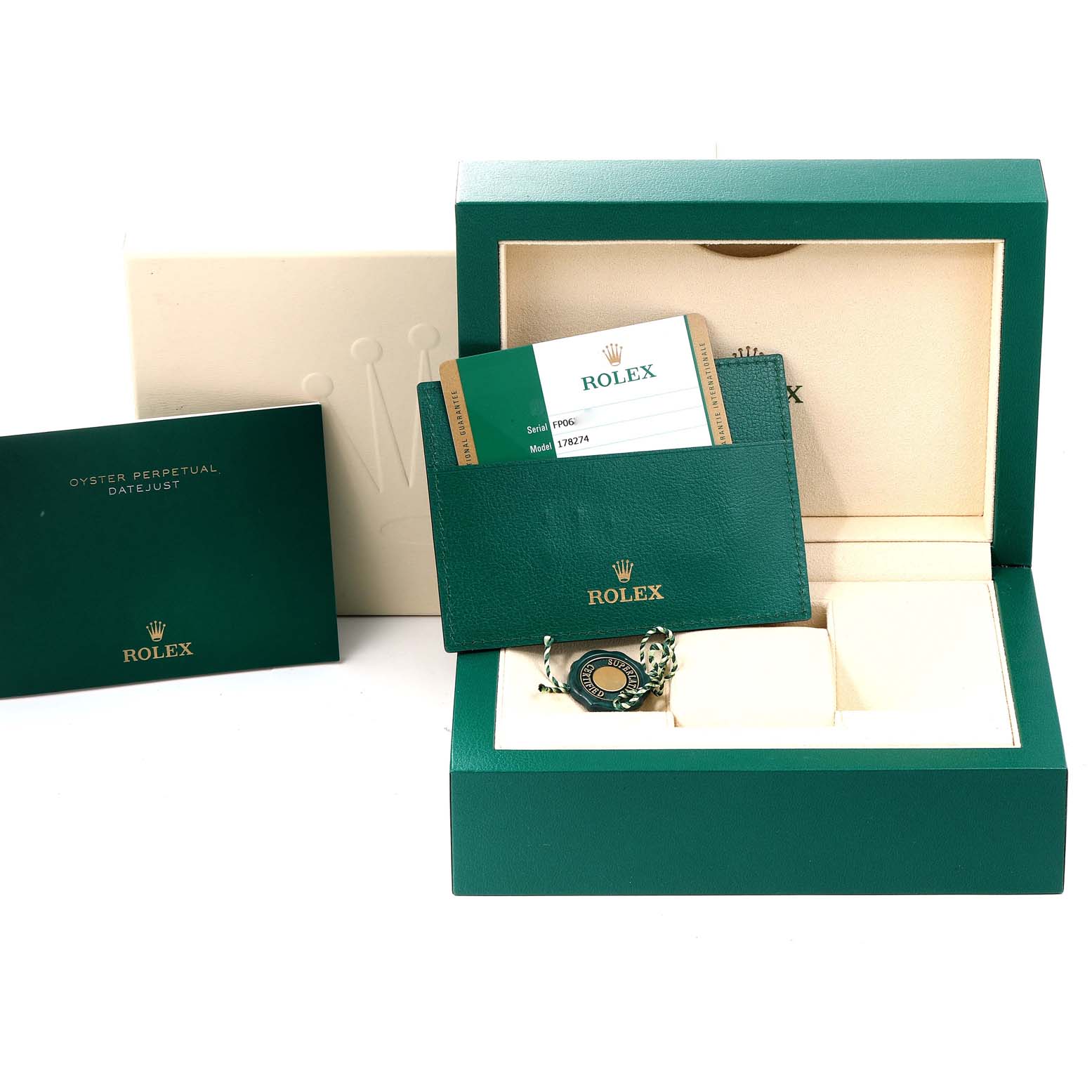 The image shows a Rolex Mid-Size 178274 Women
s Stainless Steel Blue Dial 178274 Women
s Stainless Steel Blue Dial Datejust box, warranty card, booklet, and watch tags from a front angle.