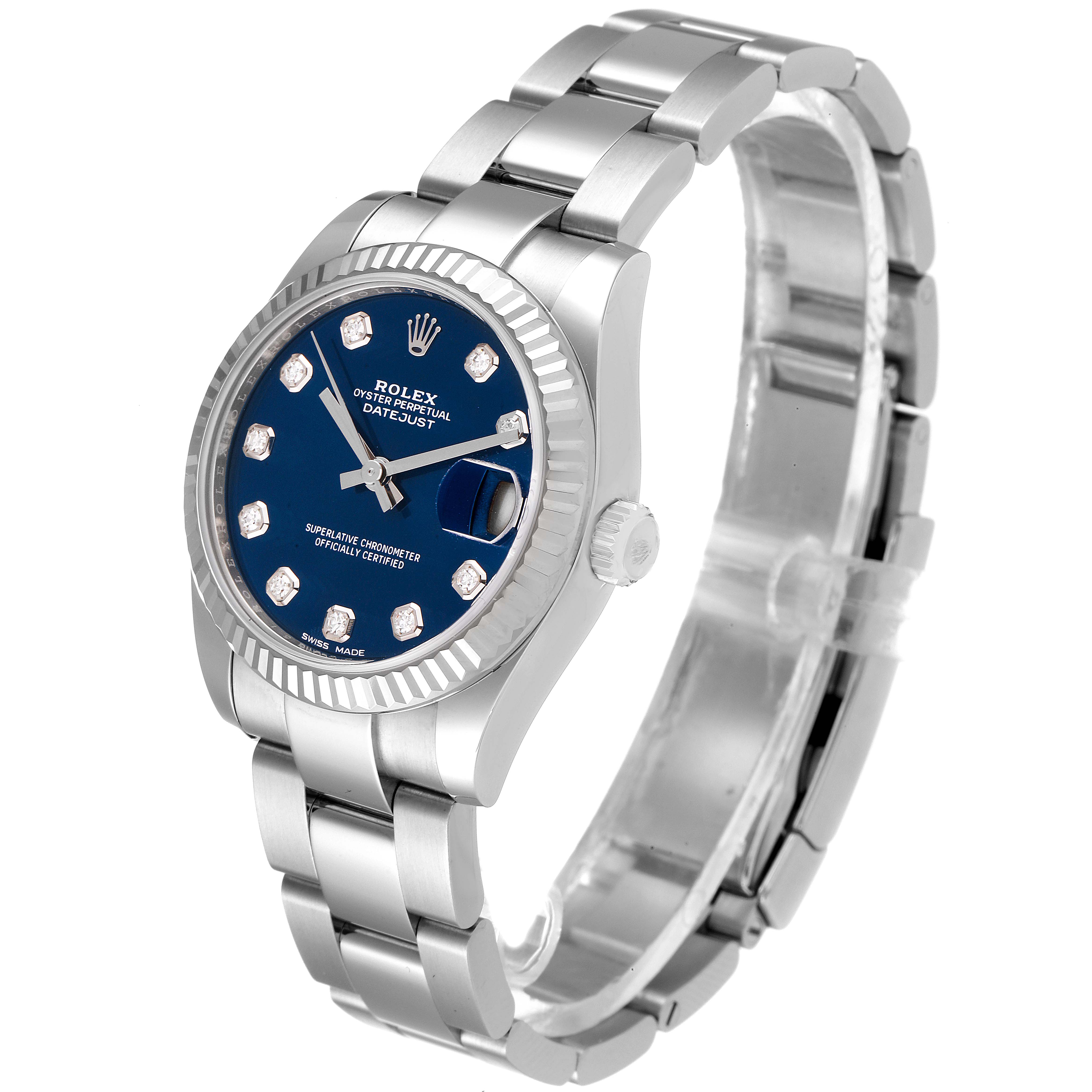 The Rolex Mid-Size 178274 Women
s Stainless Steel Blue Dial 178274 Women
s Stainless Steel Blue Dial Datejust watch is shown at an angle displaying its face, bezel, case, and bracelet.