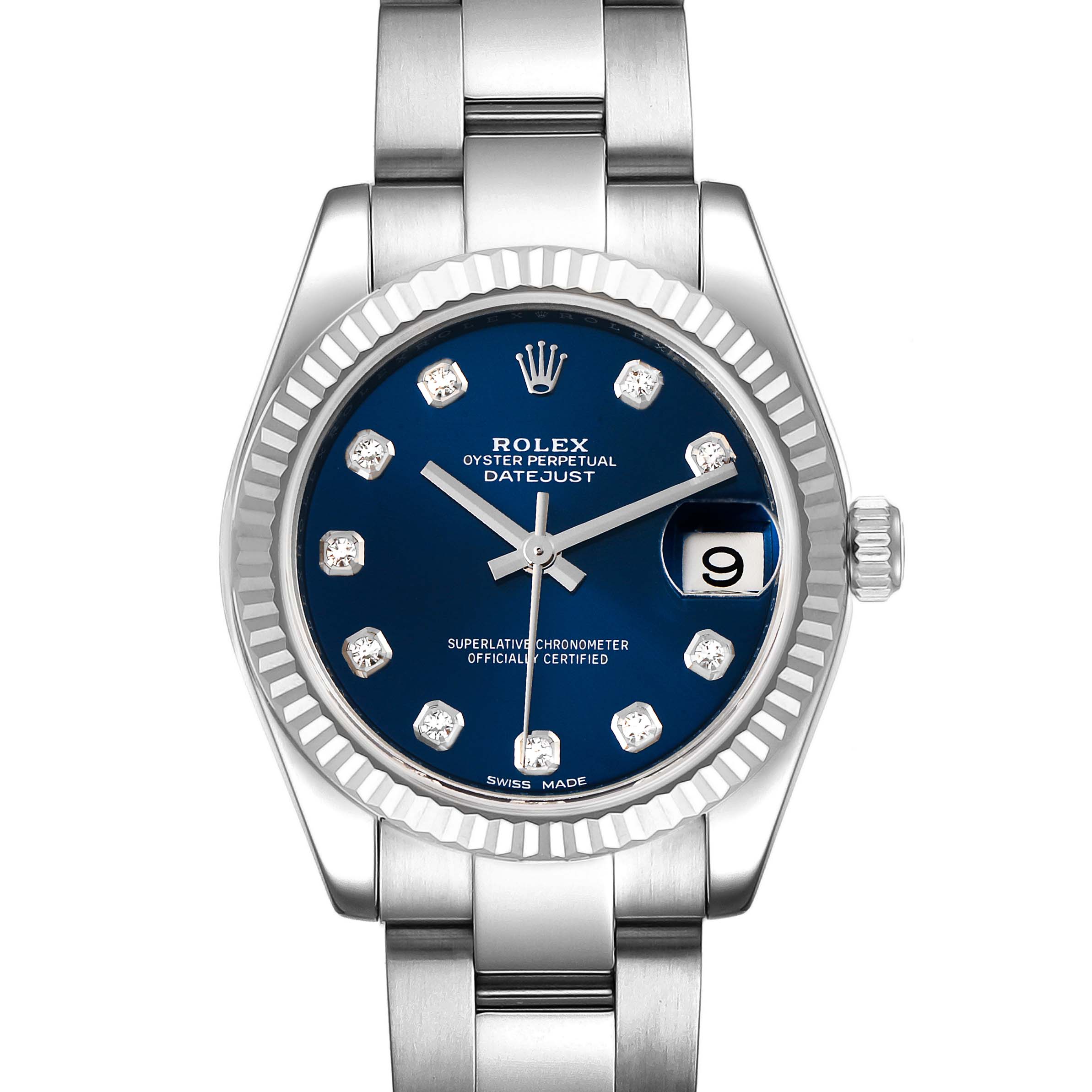 The image shows a frontal view of a Rolex Oyster Perpetual Datejust mid-size watch with a blue dial and diamond hour markers.
