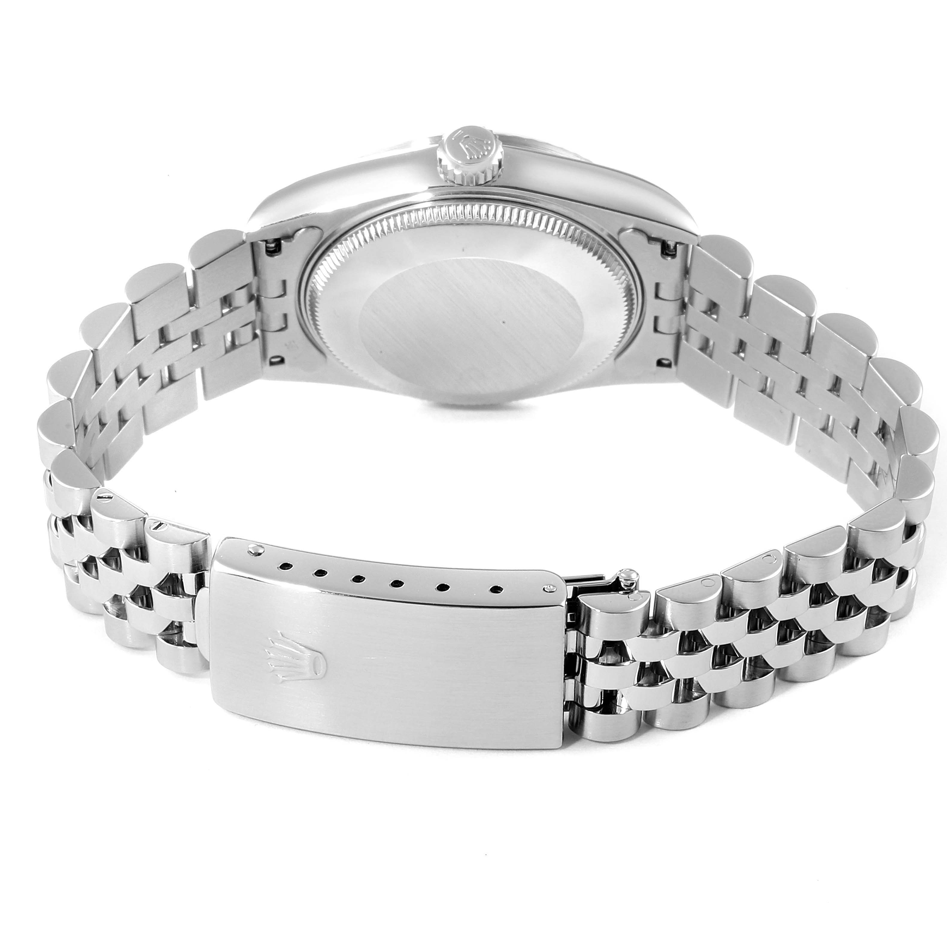 This is a rear view of the Rolex Mid-Size 78274 Women's Stainless Steel Silver Dial 78274 Women's Stainless Steel Silver Dial watch, showing the bracelet, clasp, case back, and crown.