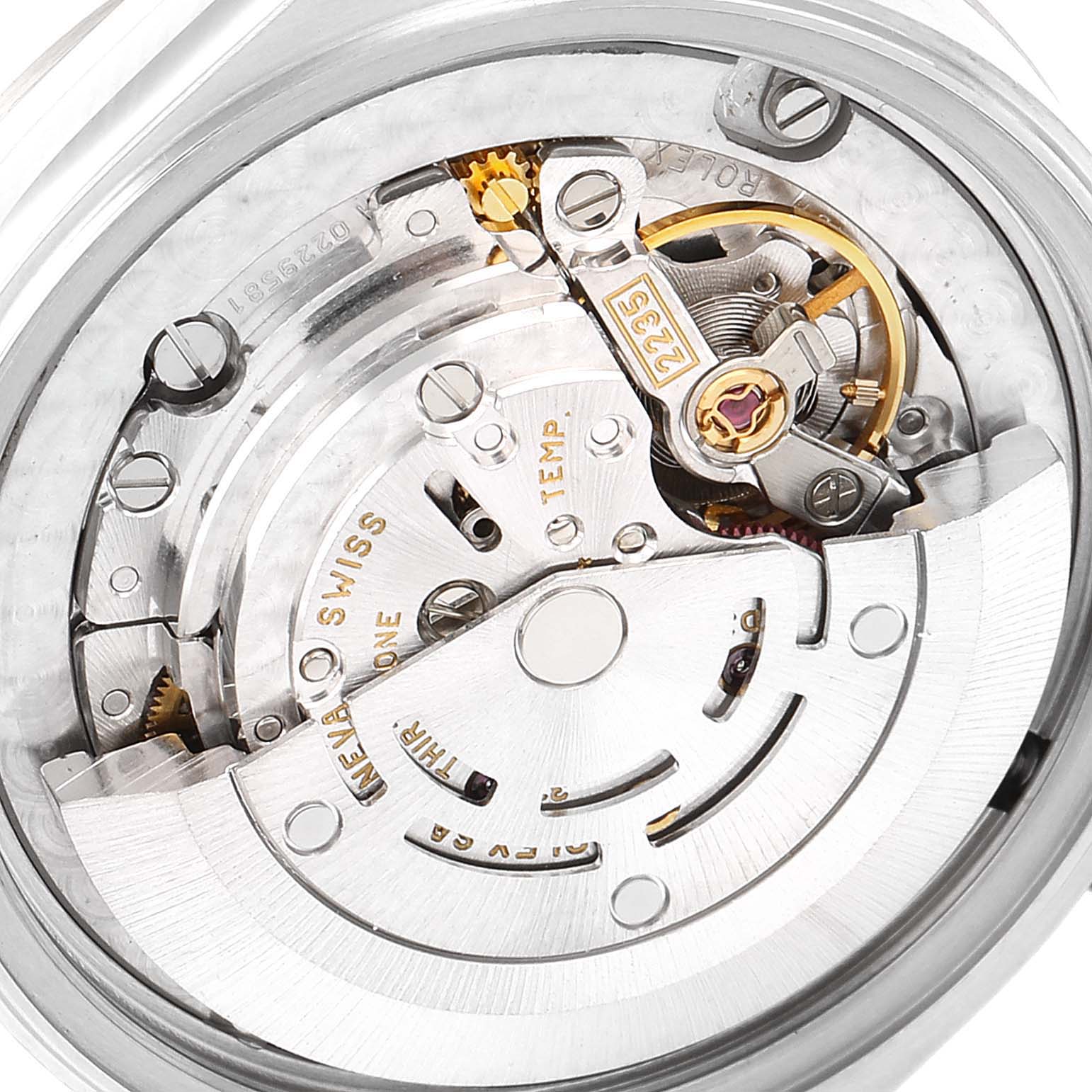 This image shows the intricate internal mechanism of a Rolex Mid-Size 78274 Women's Stainless Steel Silver Dial 78274 Women's Stainless Steel Silver Dial model watch viewed from the back.