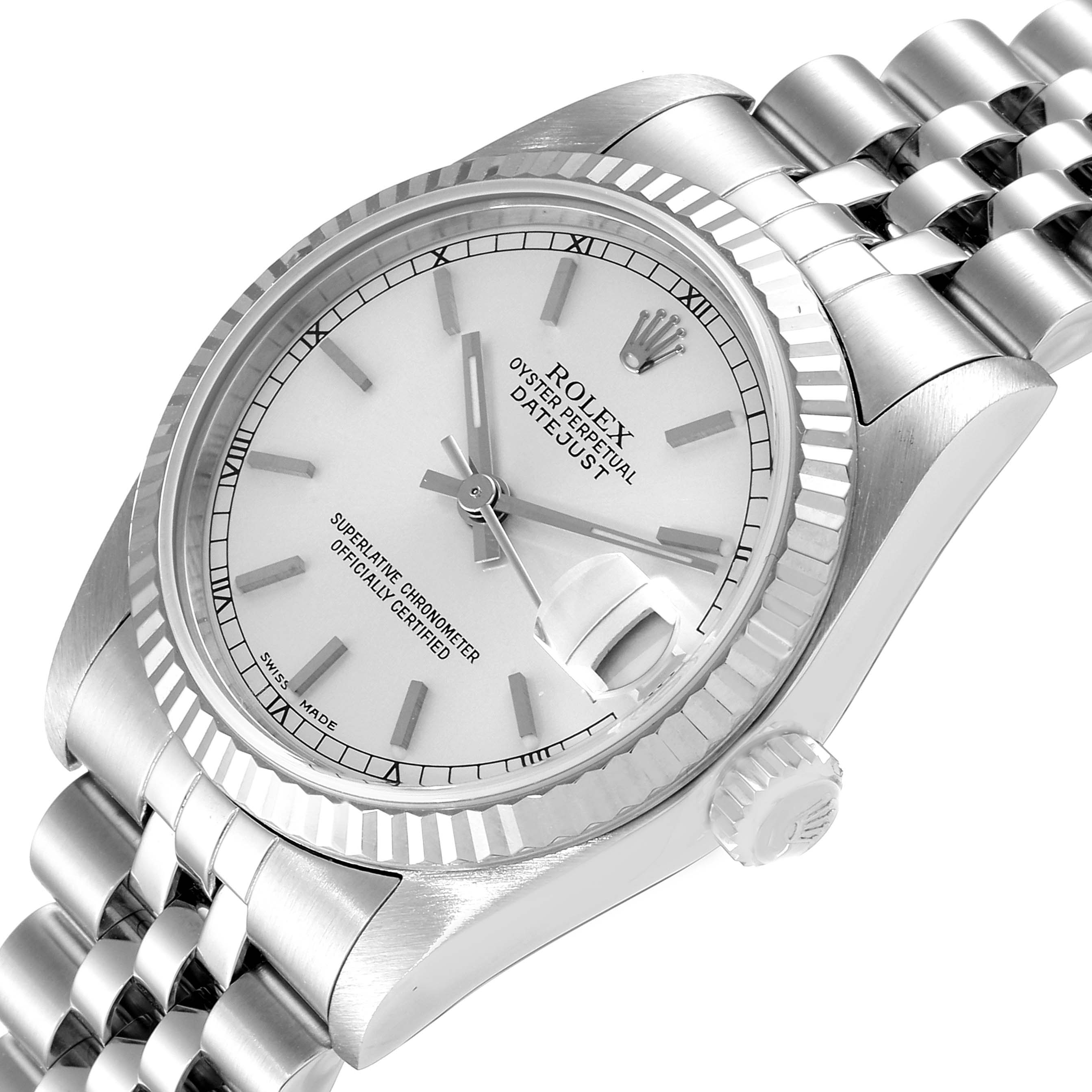 This is a close-up, angled view of the Rolex Mid-Size 78274 Women's Stainless Steel Silver Dial 78274 Women's Stainless Steel Silver Dial Datejust watch, showing the dial, crown, and metal bracelet.