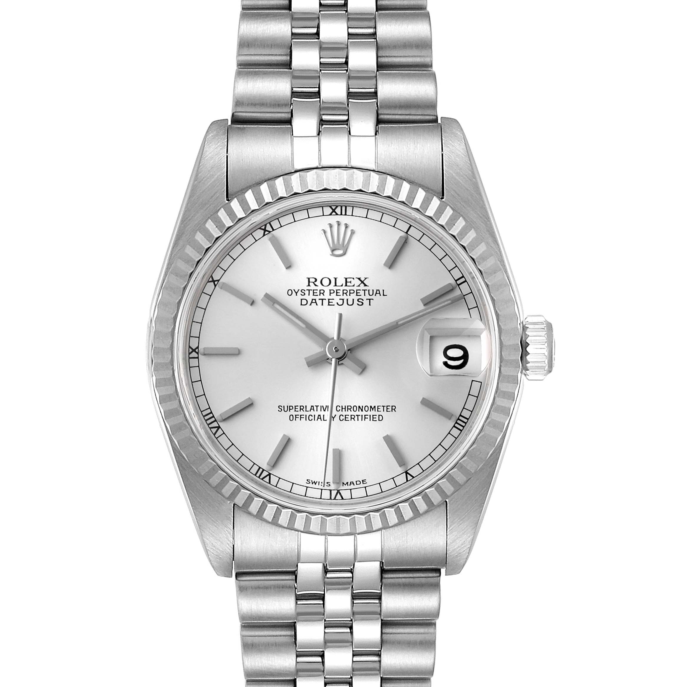 The image shows a front view of a Rolex Oyster Perpetual Datejust Mid-Size model, displaying the face, bezel, and bracelet.