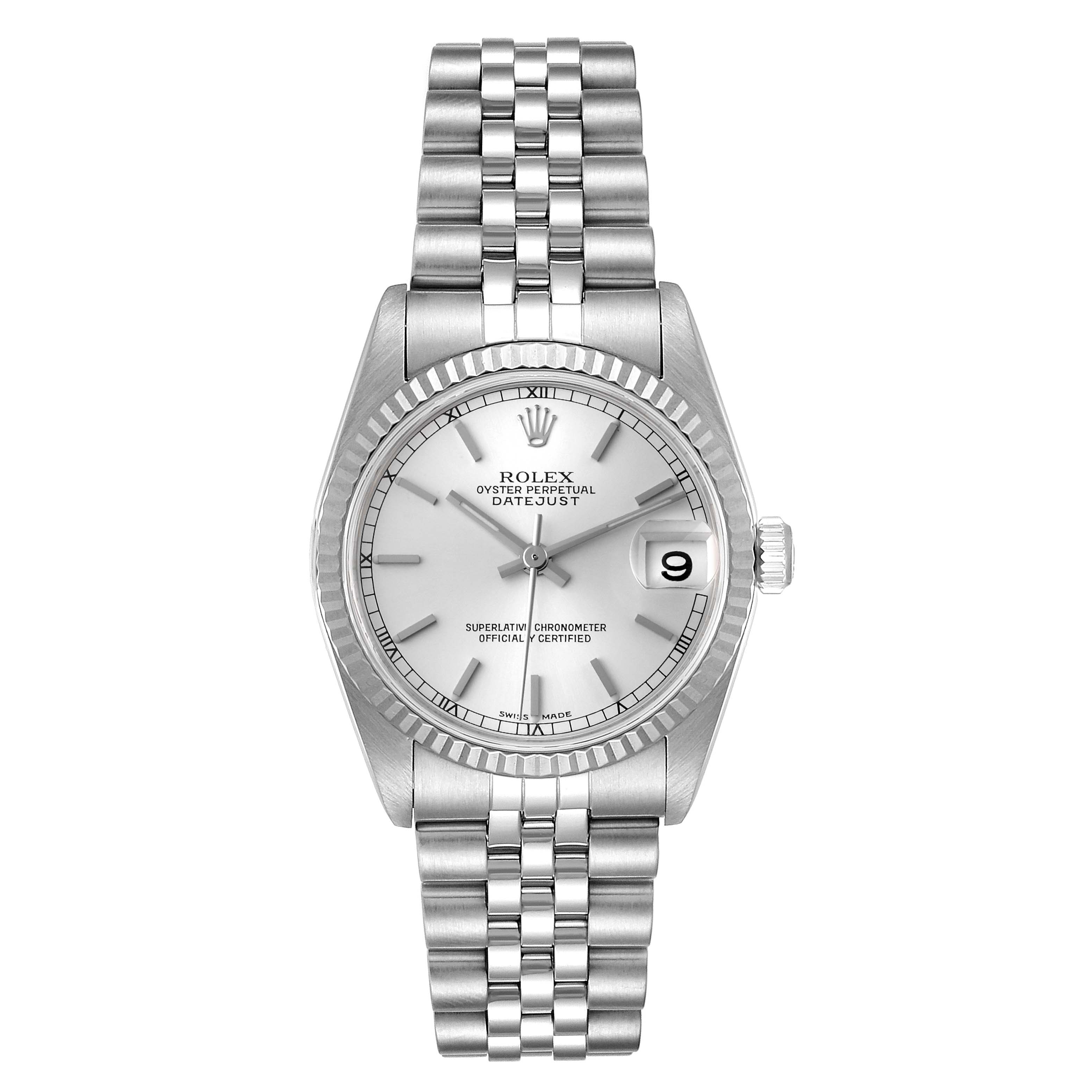 This image shows a front view of the Rolex Mid-Size 78274 Women's Stainless Steel Silver Dial 78274 Women's Stainless Steel Silver Dial Oyster Perpetual Datejust watch, displaying its bracelet, dial, and bezel.