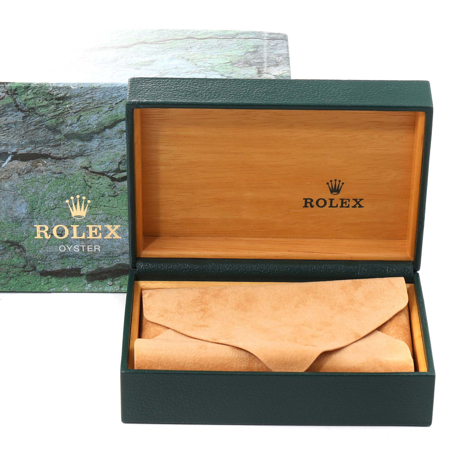 The image shows the open presentation box for a Mid-Size Rolex watch, with the brand's signature green outer packaging and wooden interior.