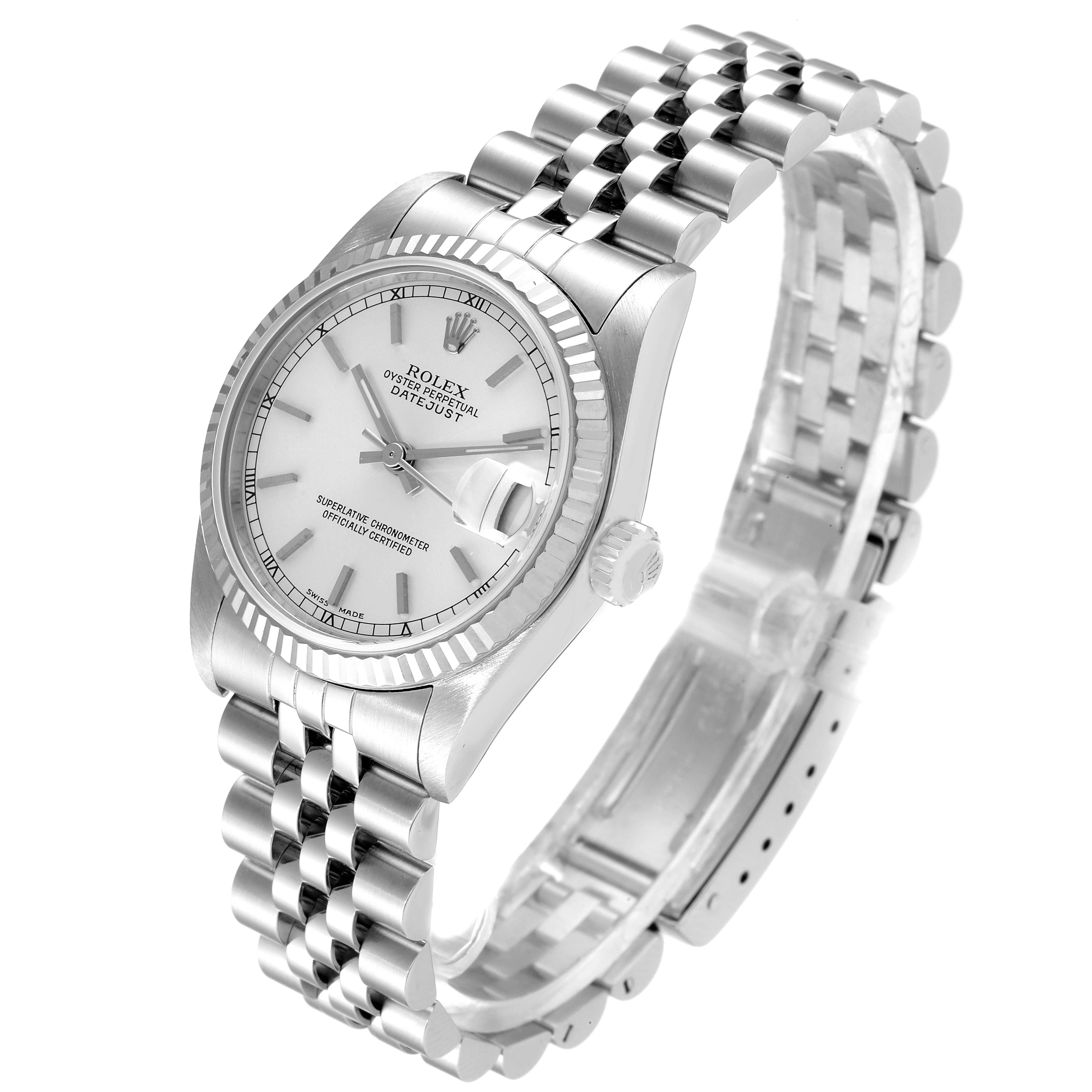 The image shows a Rolex Mid-Size 78274 Women's Stainless Steel Silver Dial 78274 Women's Stainless Steel Silver Dial Oyster Perpetual Datejust watch from an angled top-down view featuring the dial, bezel, and bracelet.