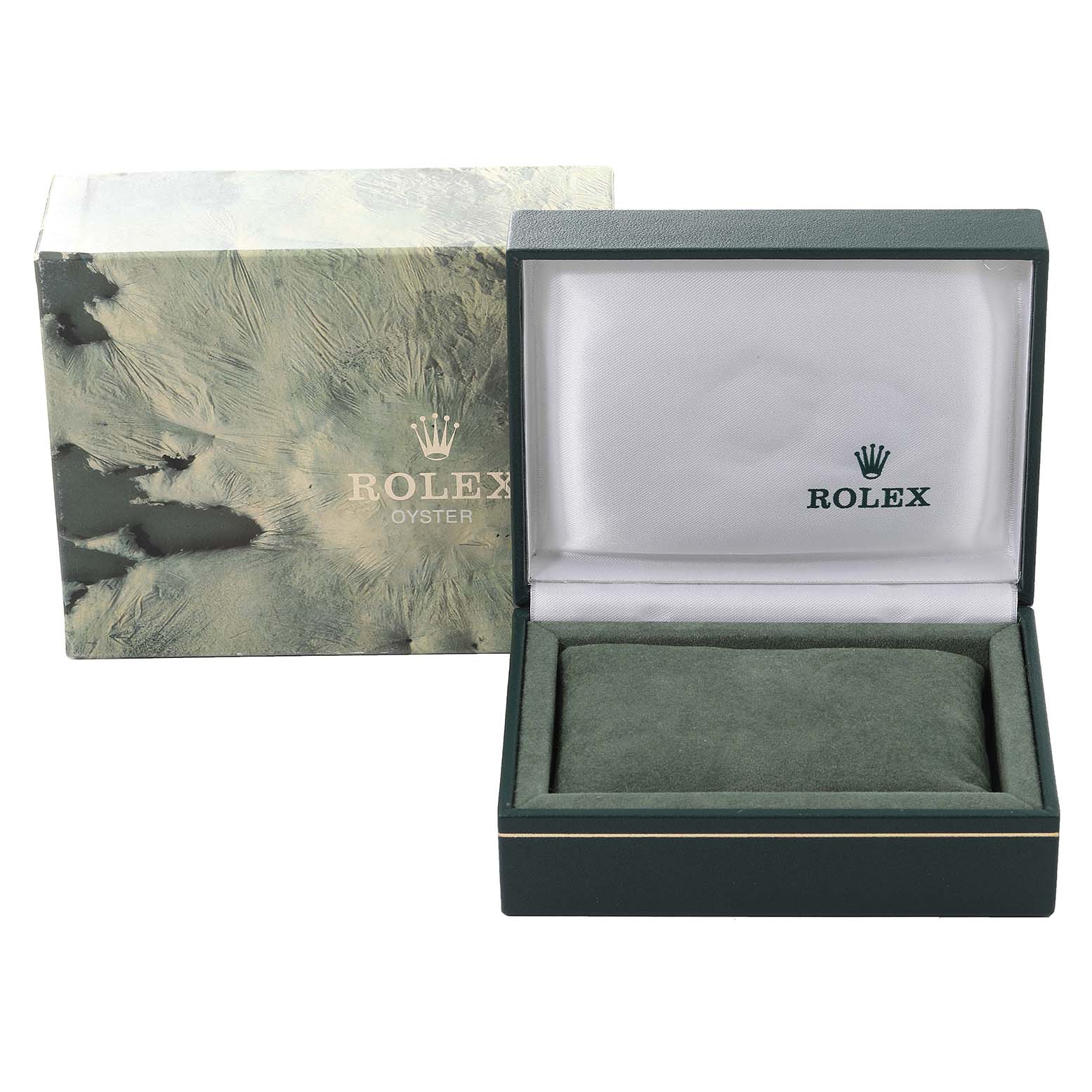 This image shows an open green box and outer packaging for the Rolex Vintage Collection 1603 Men
s Stainless Steel Silver Dial 1603 Men
s Stainless Steel Silver Dial model from an angled front view.