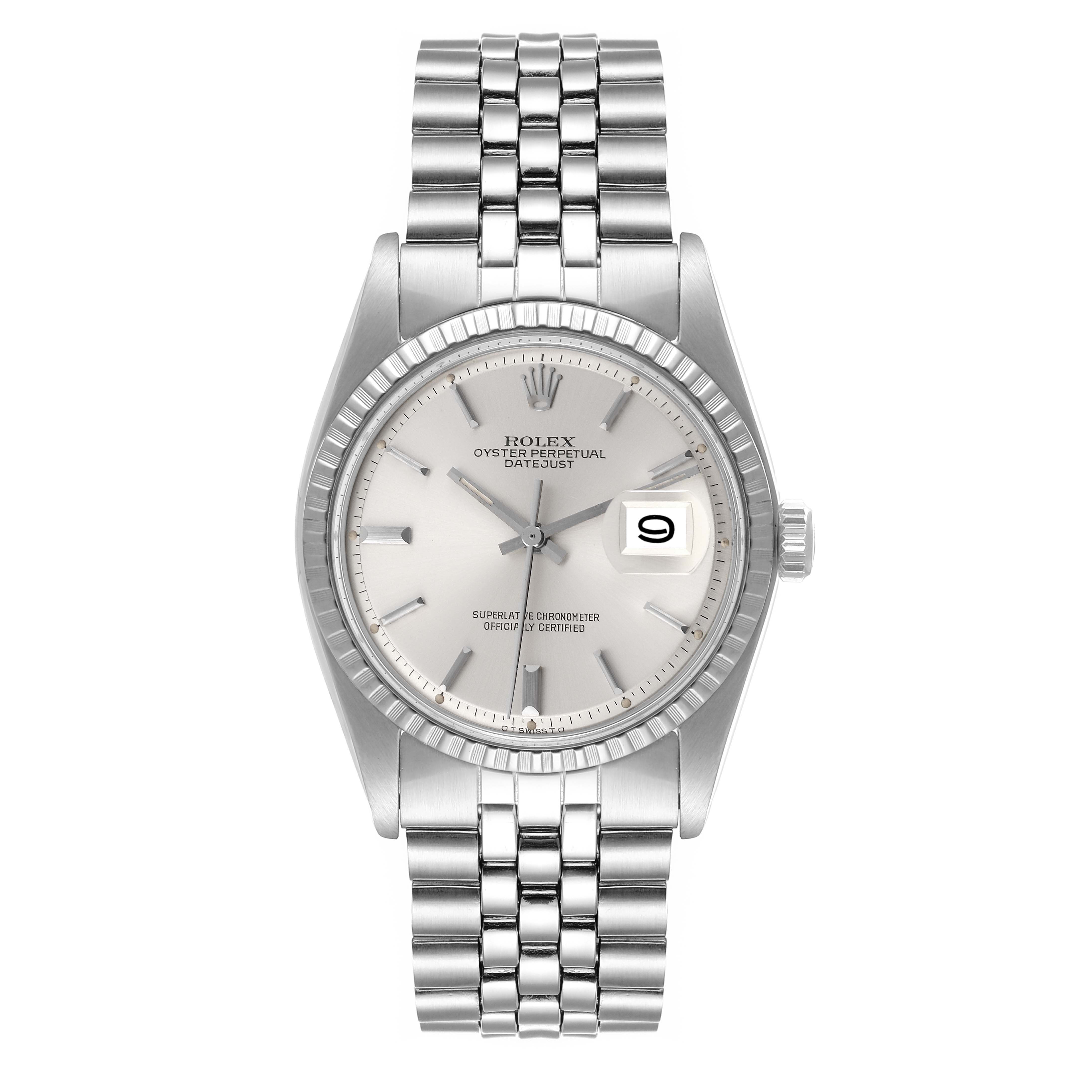The image shows a front view of the Rolex Vintage Collection 1603 Men
s Stainless Steel Silver Dial 1603 Men
s Stainless Steel Silver Dial model, featuring its dial, bracelet, and crown.