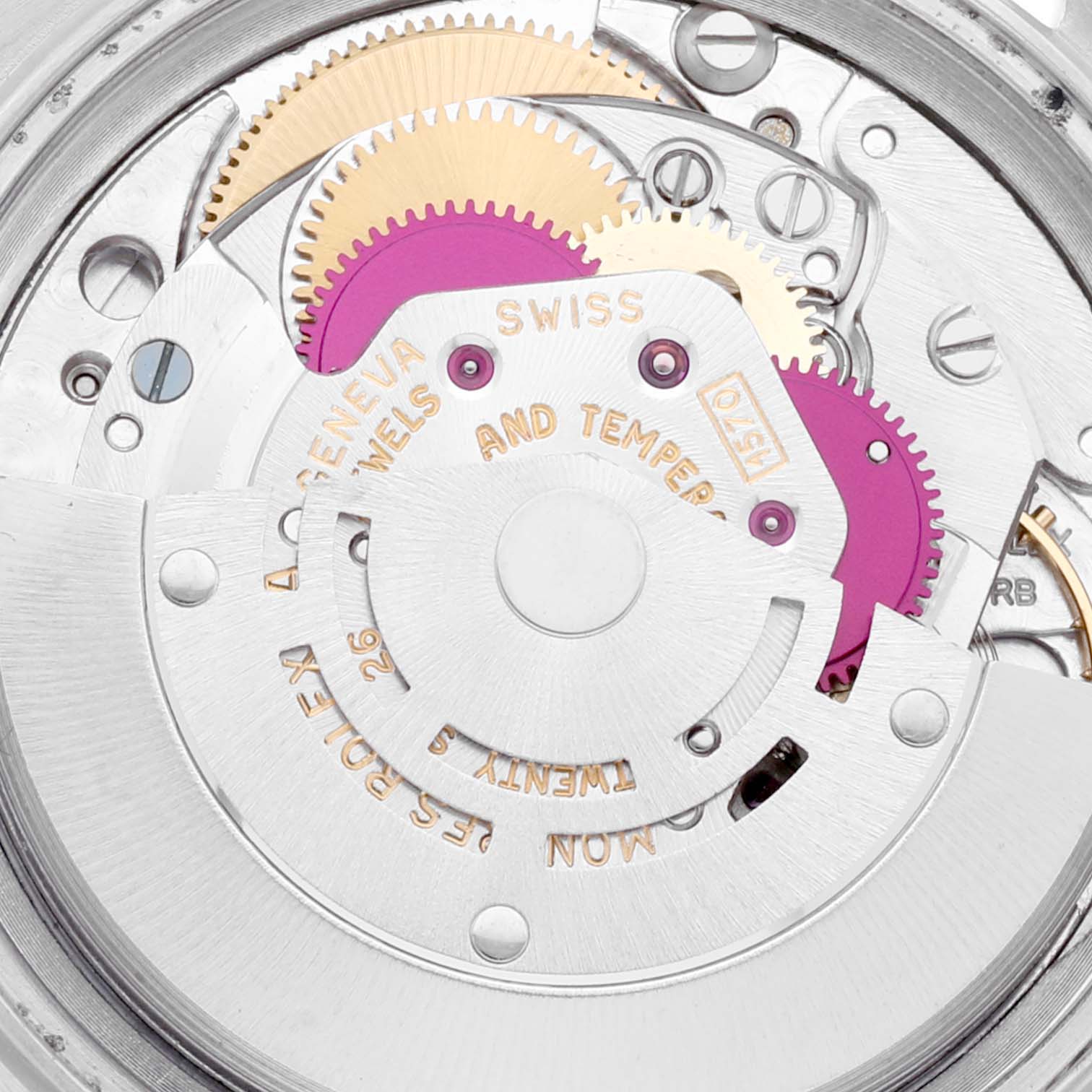 The image shows the internal mechanism and gears of the Rolex Vintage Collection 1603 Men
s Stainless Steel Silver Dial 1603 Men
s Stainless Steel Silver Dial model from a close-up angle.