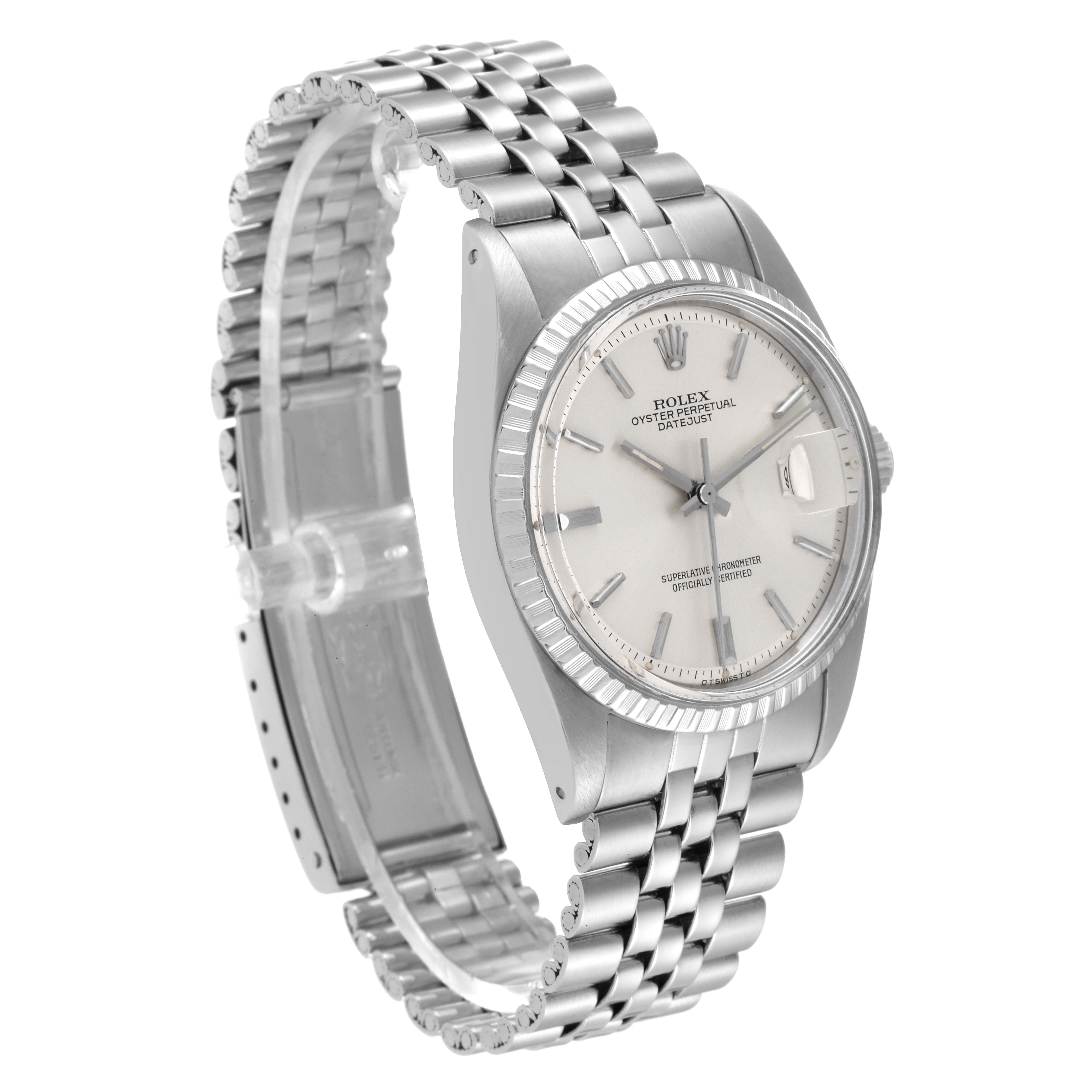The Rolex Vintage Collection 1603 Men
s Stainless Steel Silver Dial 1603 Men
s Stainless Steel Silver Dial watch is shown at a three-quarter angle, displaying the face, bezel, and partially open metal bracelet.