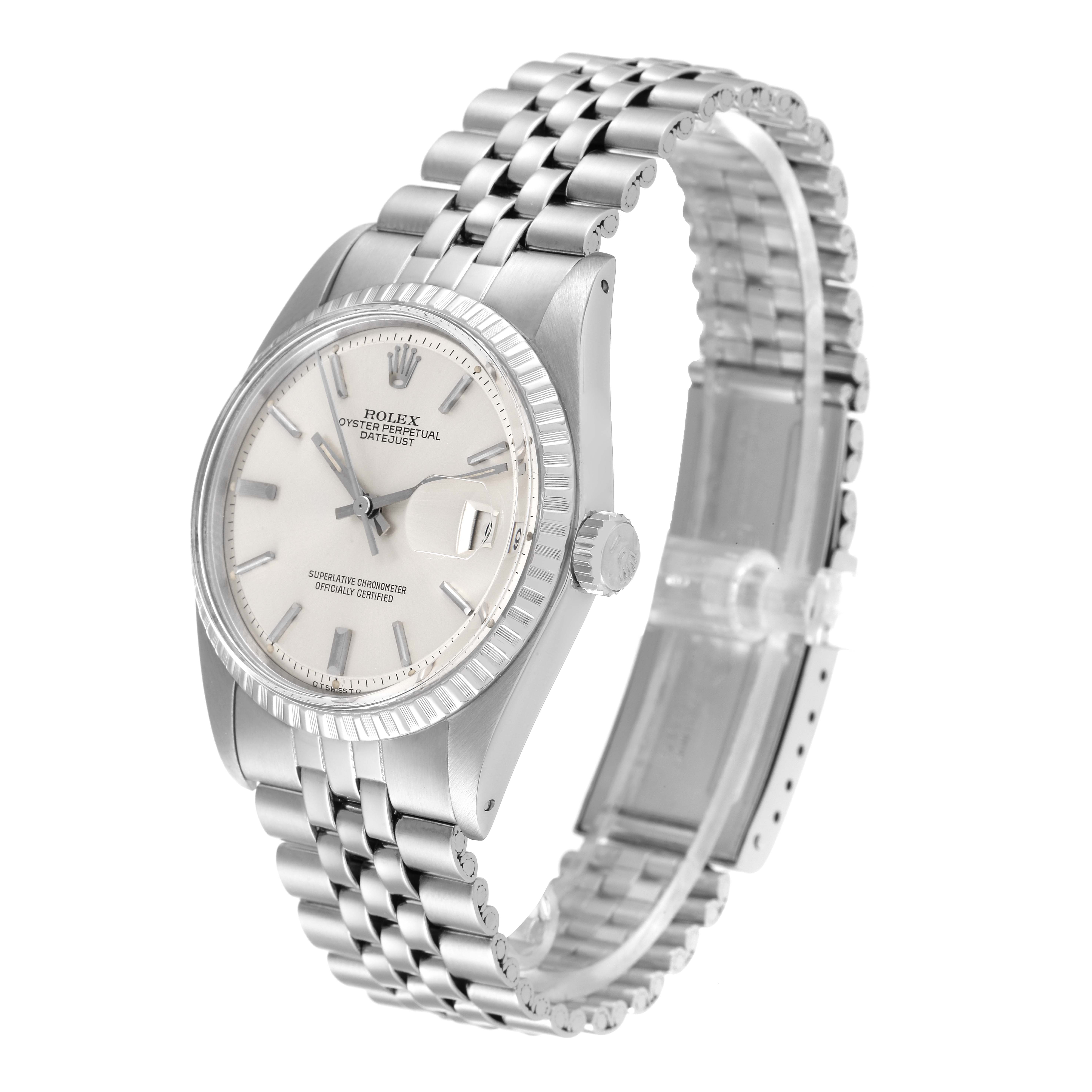 The Rolex Vintage Collection 1603 Men
s Stainless Steel Silver Dial 1603 Men
s Stainless Steel Silver Dial watch is shown at a three-quarter angle, displaying the face, case, crown, and bracelet.