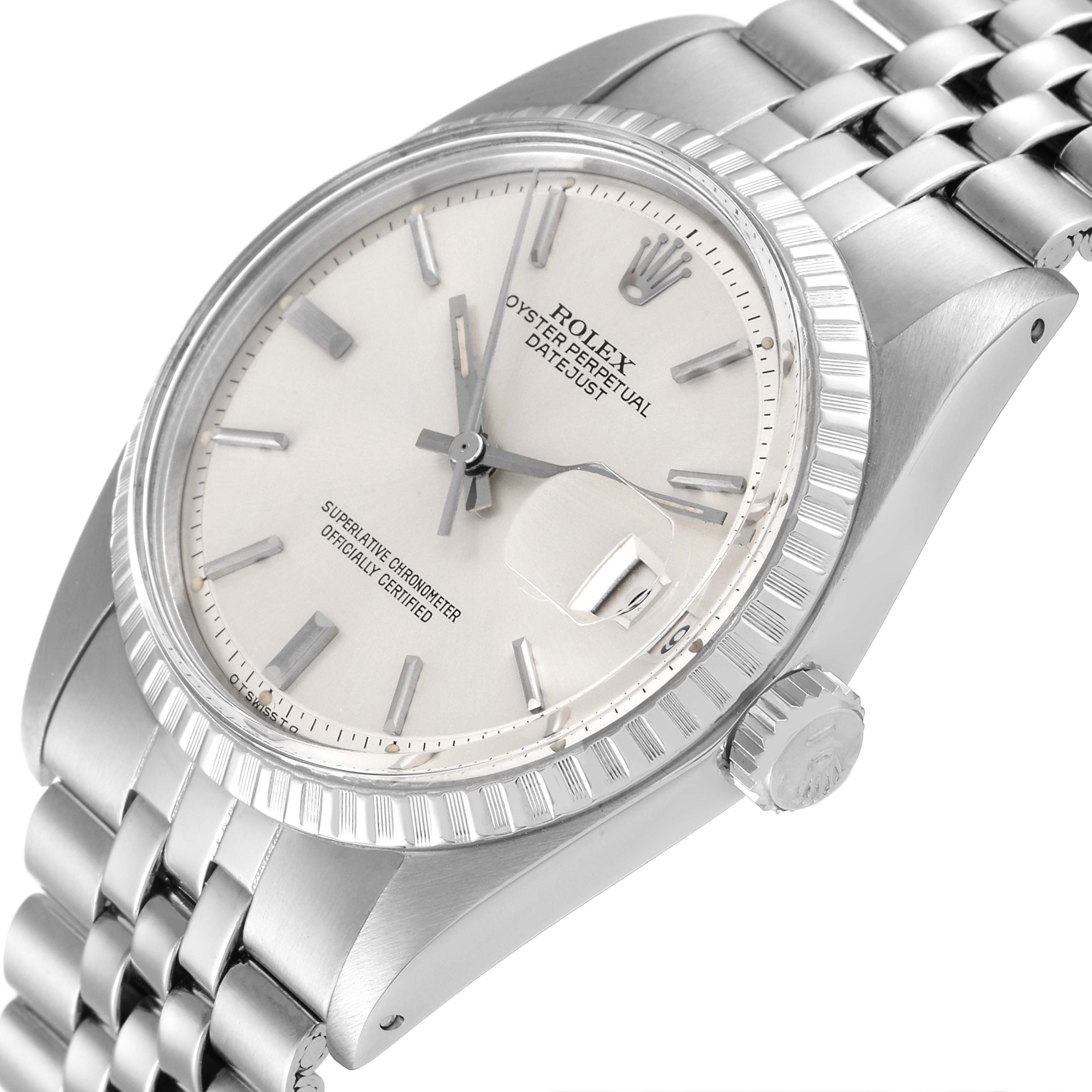 The image shows a Vintage Collection Rolex Datejust watch, angled to display its face, bezel, crown, and bracelet.