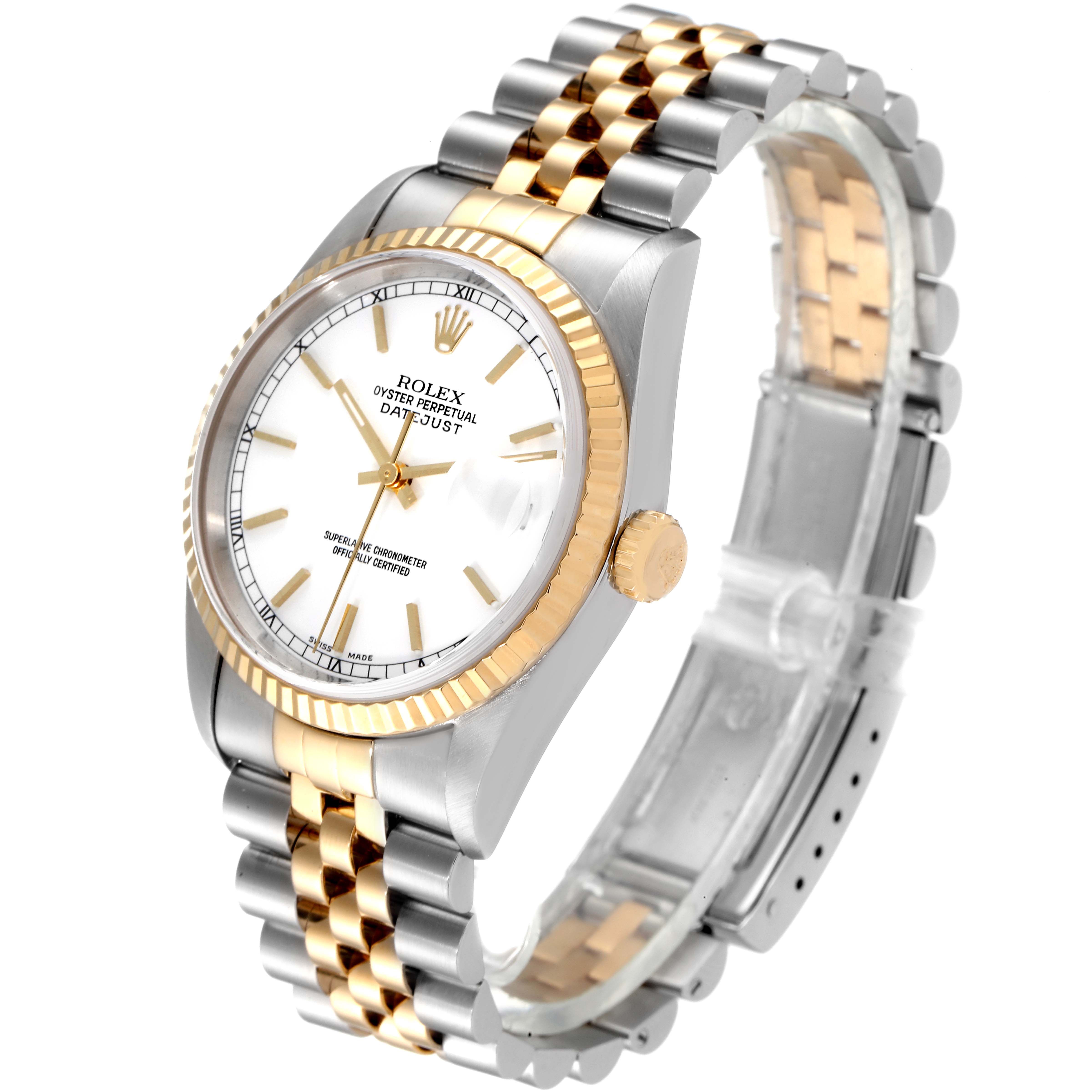 The image shows a Rolex Datejust 16233 Men's Steel and Gold (two tone) White Dial 16233 Men's Steel and Gold (two tone) White Dial watch at a three-quarter view angle, highlighting its dial, bezel, crown, and two-tone bracelet.