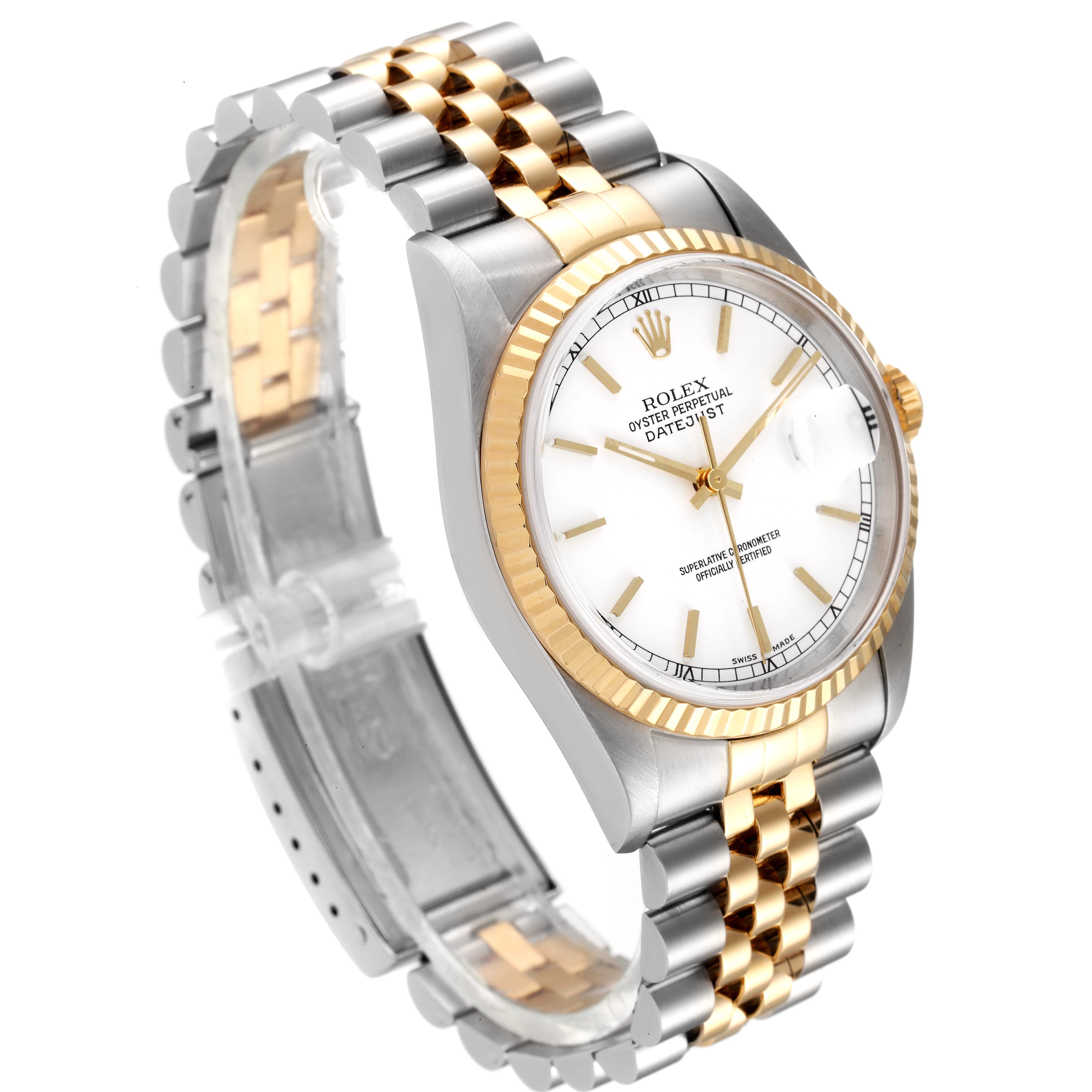 This image shows a Rolex Datejust 16233 Men's Steel and Gold (two tone) White Dial 16233 Men's Steel and Gold (two tone) White Dial watch, highlighting its face, bracelet, and crown at an angled side view.