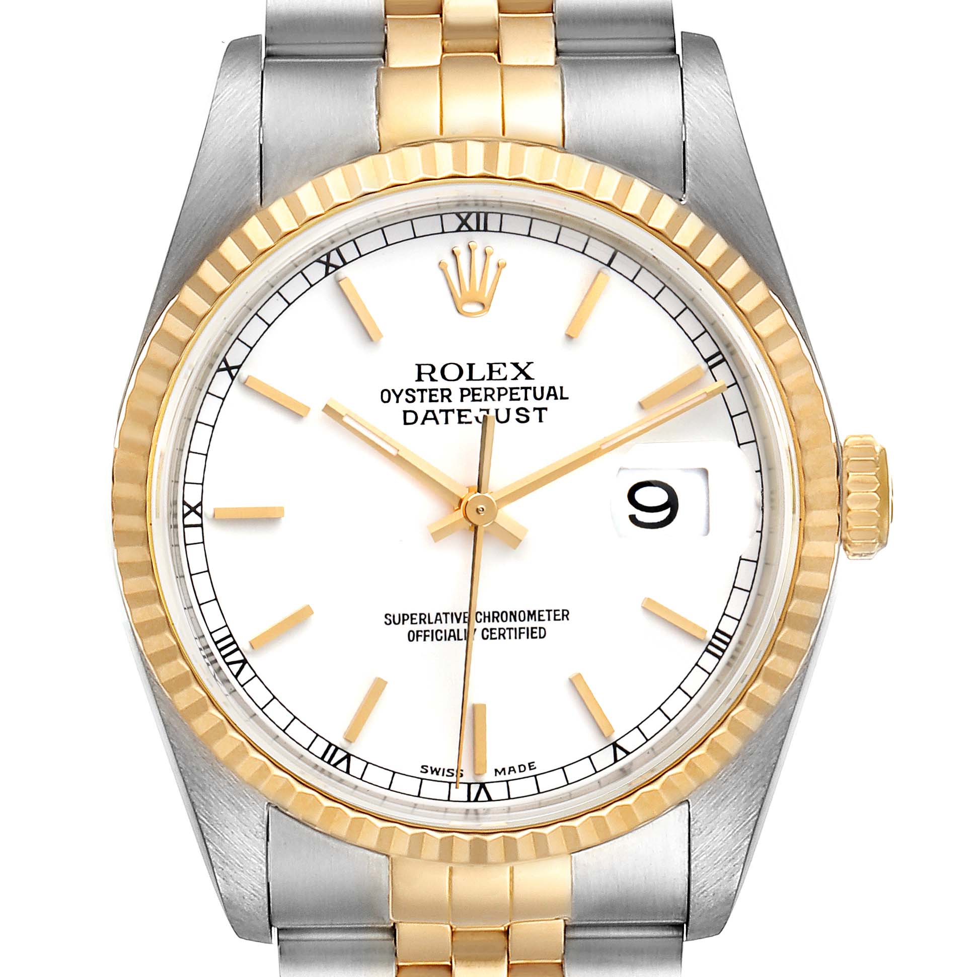 The image shows a front view of a Rolex Datejust 16233 Men's Steel and Gold (two tone) White Dial 16233 Men's Steel and Gold (two tone) White Dial watch, displaying the dial, hands, date window, bezel, and part of the bracelet.