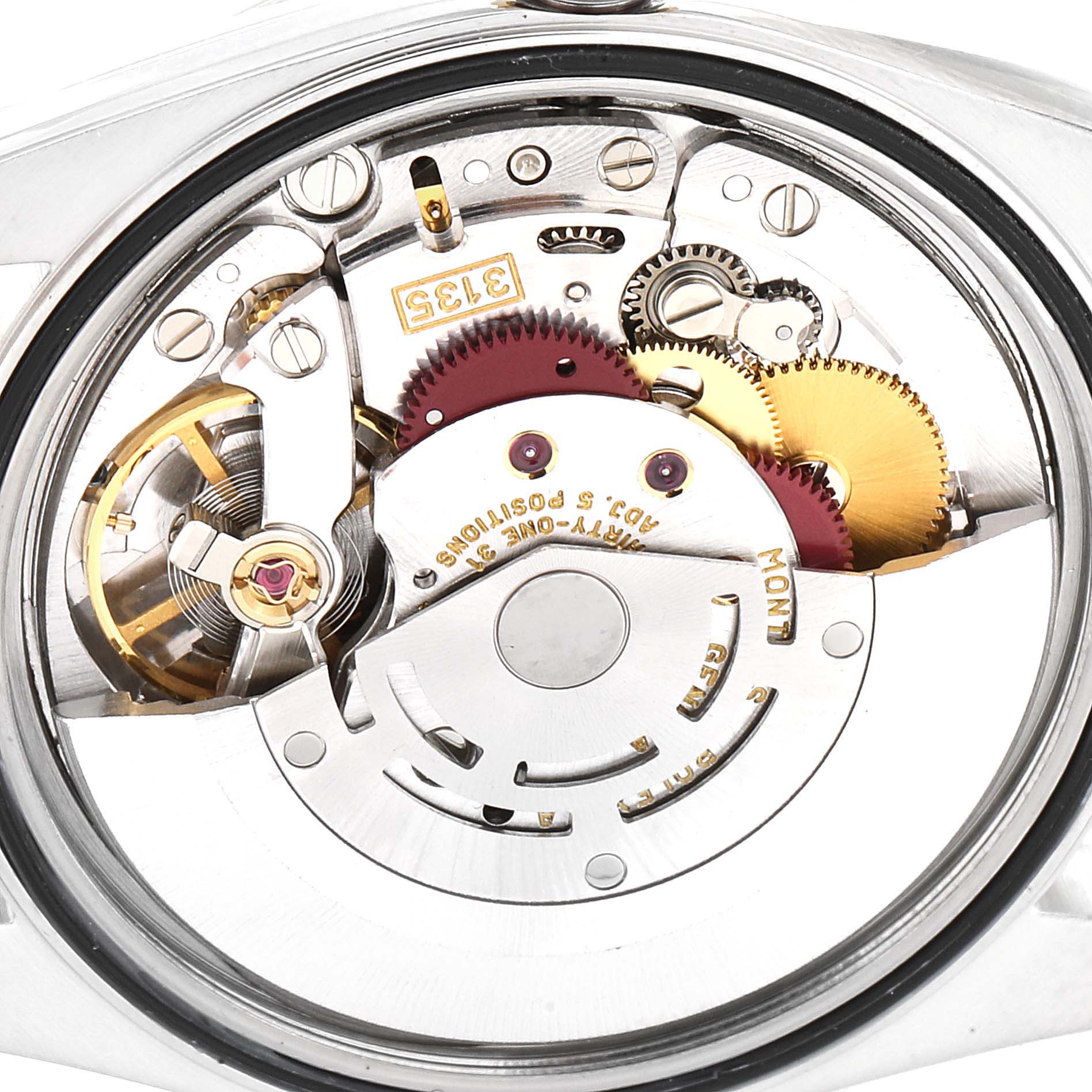 The image shows the internal mechanical movement of the Rolex Datejust 16233 Men's Steel and Gold (two tone) White Dial 16233 Men's Steel and Gold (two tone) White Dial watch, revealing its intricate gears and components.