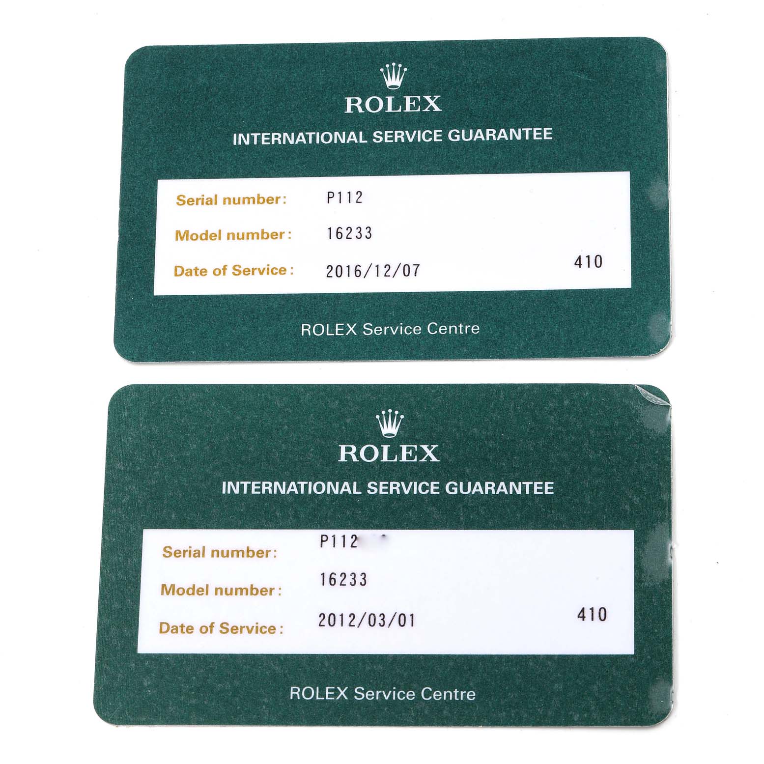 The image shows two Rolex International Service Guarantee cards for the Datejust model number 16233.