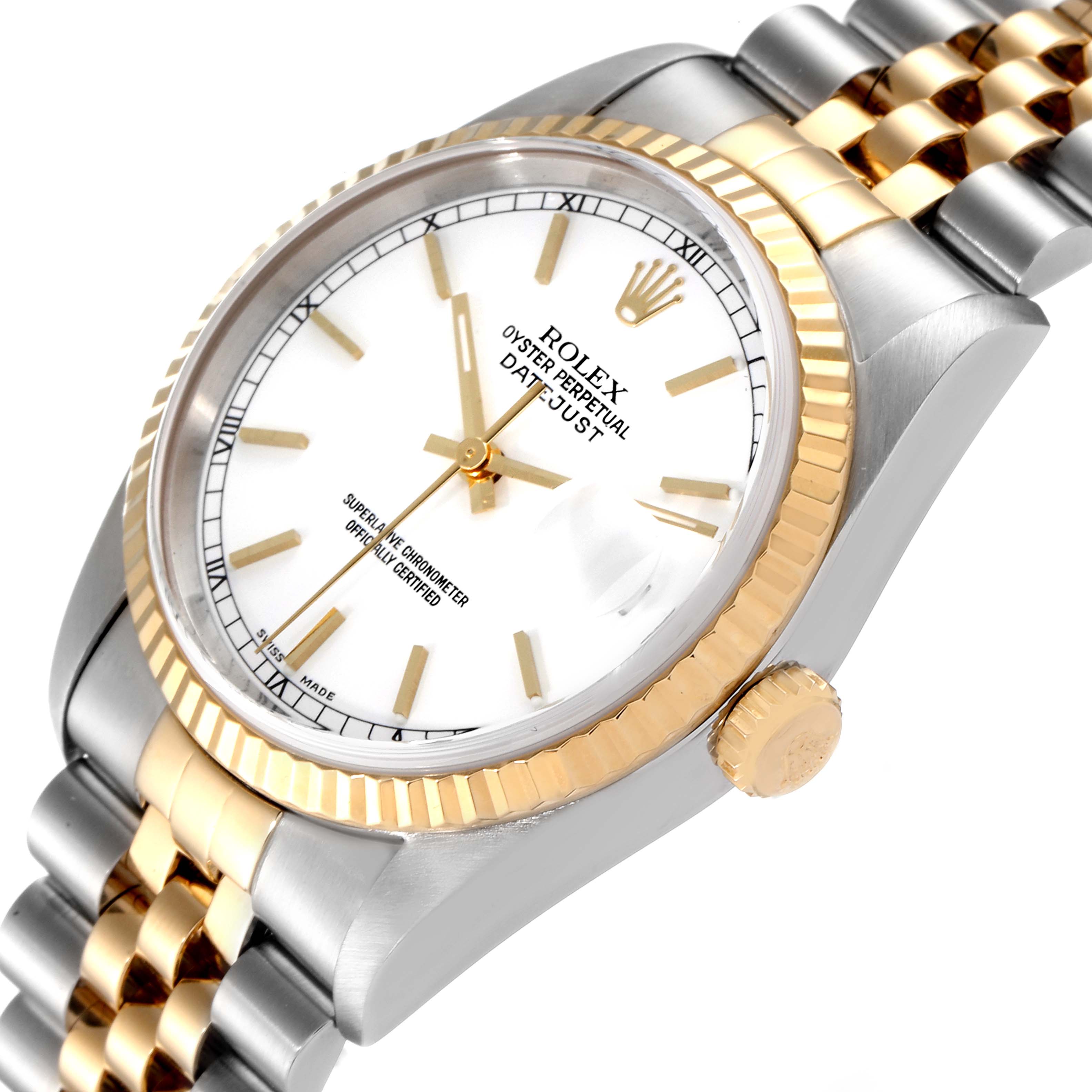 This image shows the Rolex Datejust 16233 Men's Steel and Gold (two tone) White Dial 16233 Men's Steel and Gold (two tone) White Dial watch at an angled view, highlighting the face, bezel, crown, and part of the bracelet.