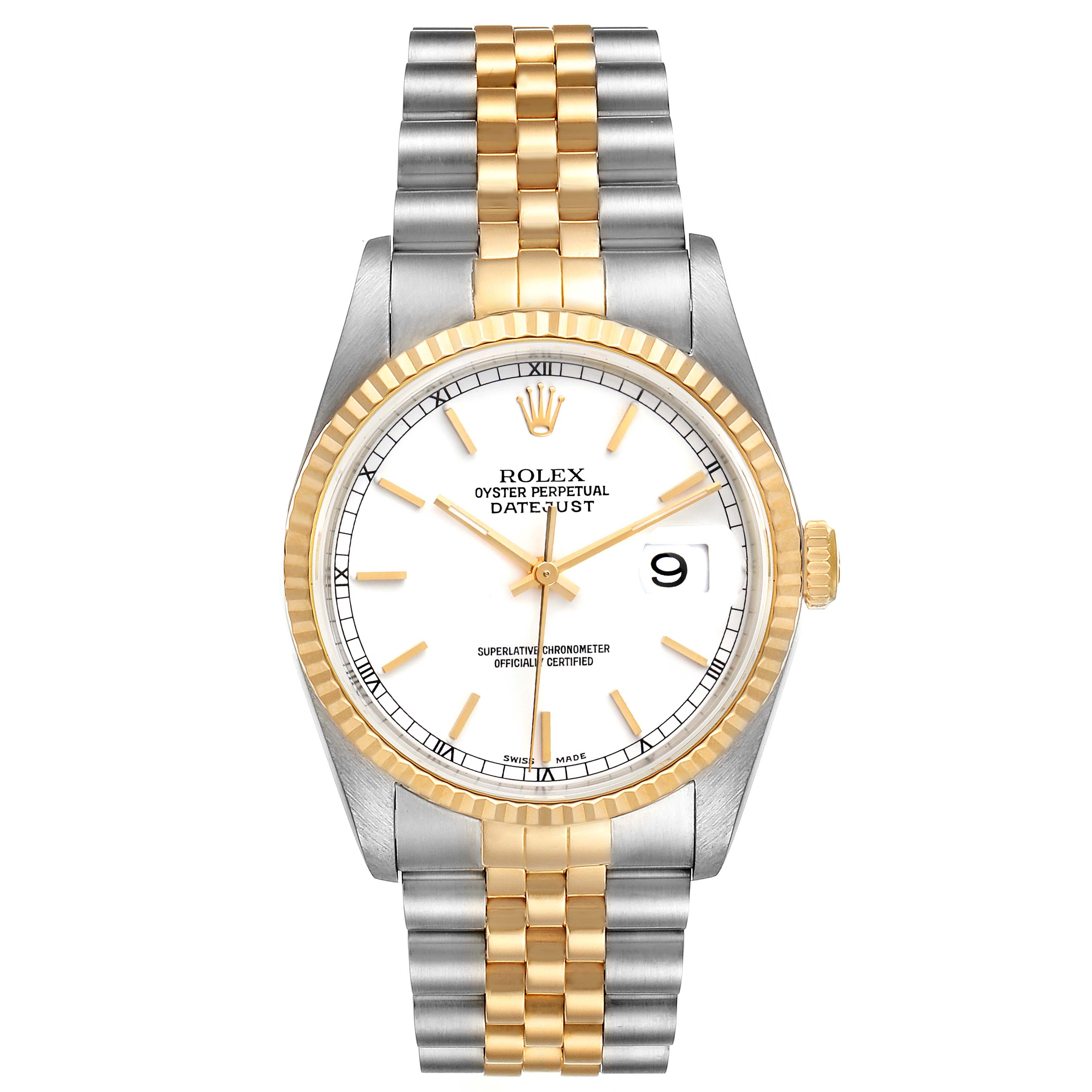 The image showcases a front view of a Rolex Datejust 16233 Men's Steel and Gold (two tone) White Dial 16233 Men's Steel and Gold (two tone) White Dial watch, highlighting its two-tone metal bracelet, gold fluted bezel, and white dial with date display.