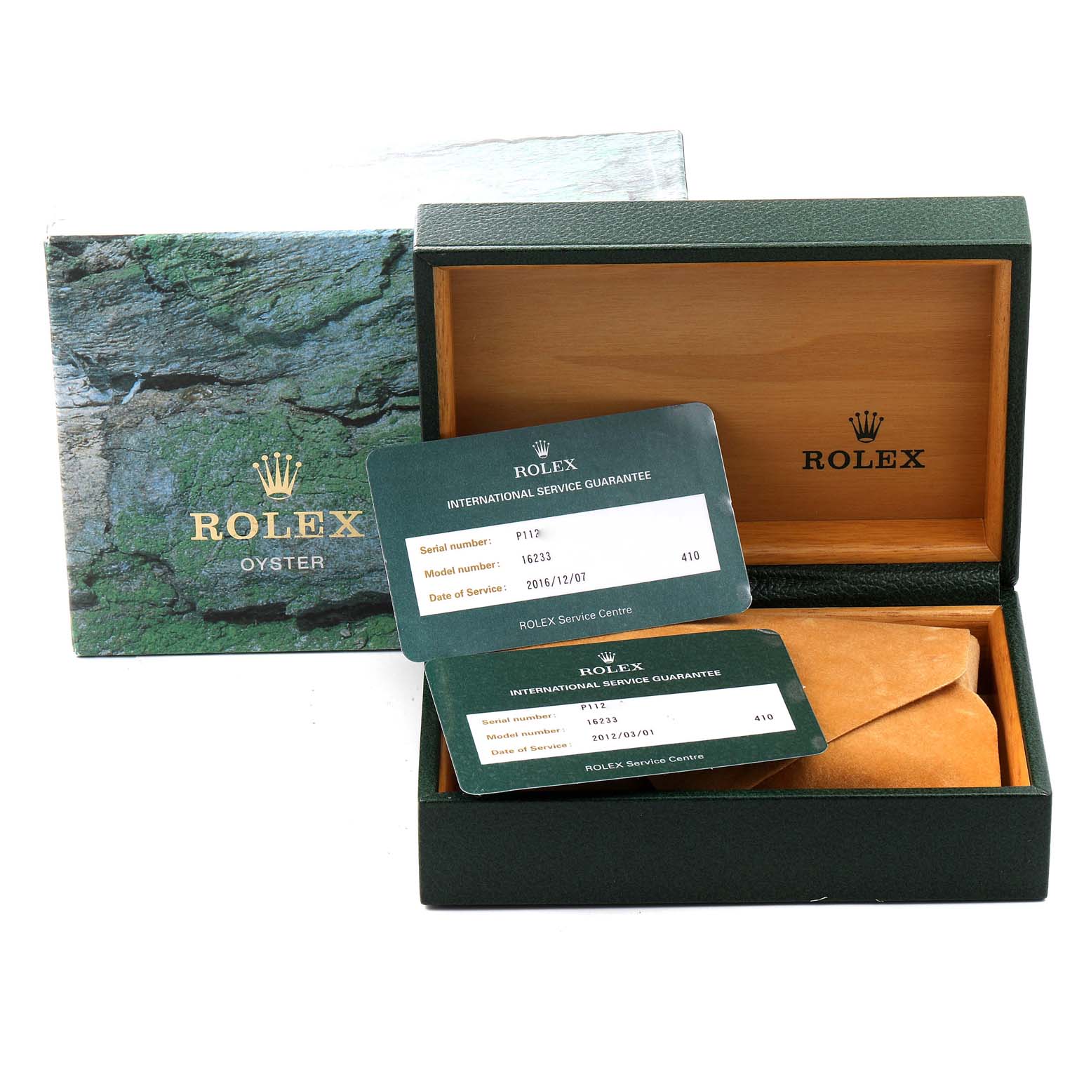 The image shows the Rolex Datejust 16233 Men's Steel and Gold (two tone) White Dial 16233 Men's Steel and Gold (two tone) White Dial accessories including a box, service guarantee cards, and a case.