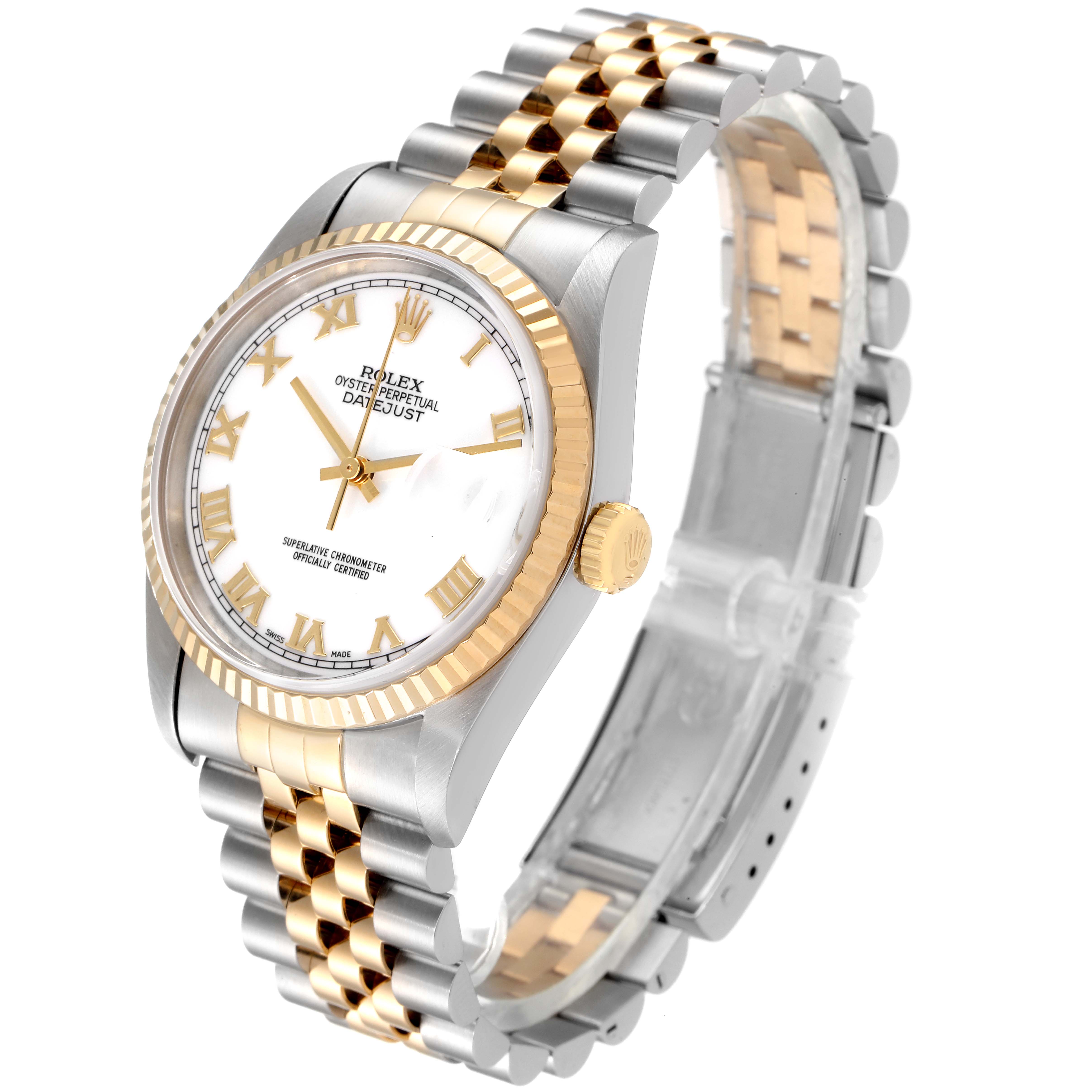 The image shows a Rolex Datejust 16233 Men's Steel and Gold (two tone) White Dial 16233 Men's Steel and Gold (two tone) White Dial watch at an angle highlighting the face, crown, and two-tone Jubilee bracelet.