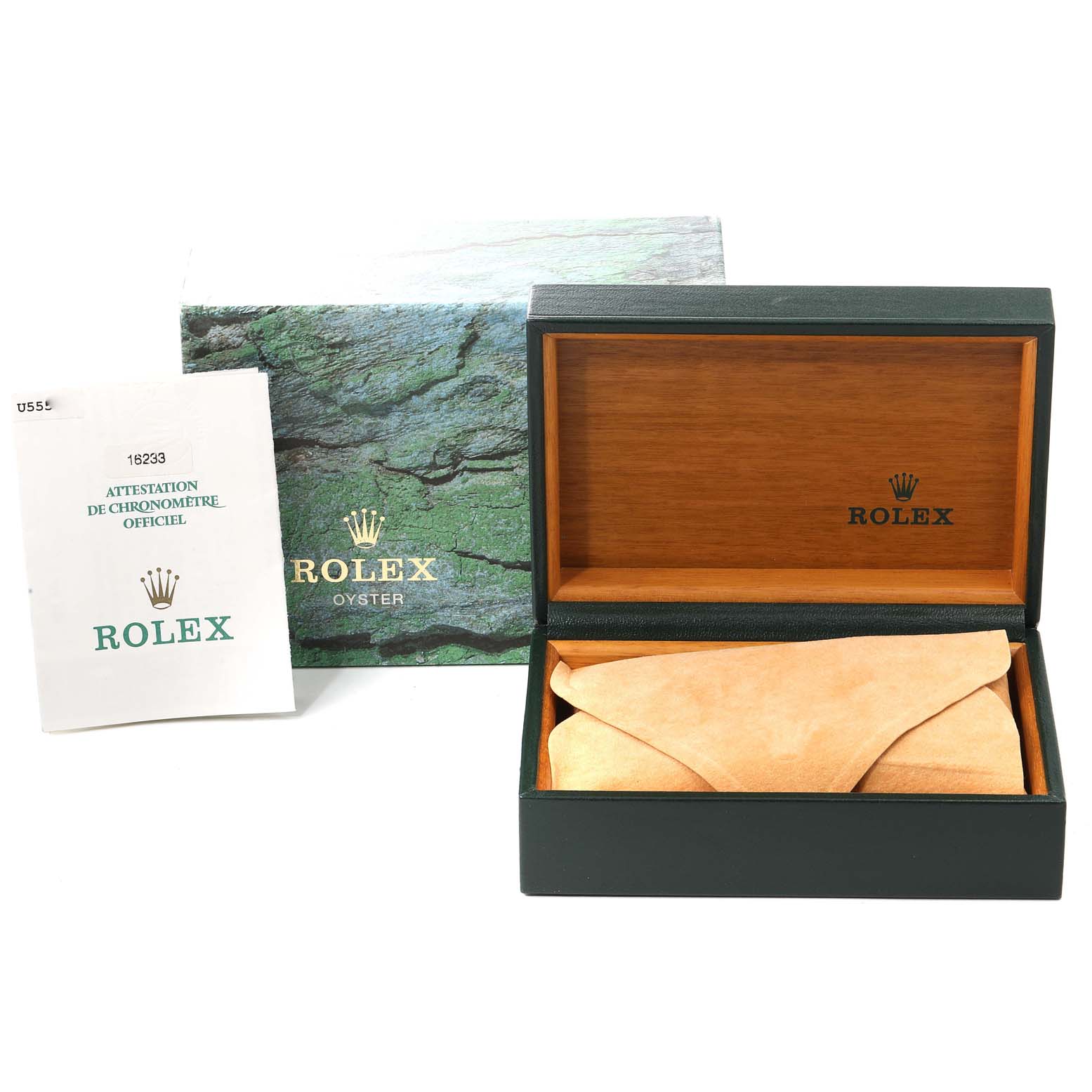 The image shows the box, cushion, and certification papers for a Rolex Datejust 16233 Men's Steel and Gold (two tone) White Dial 16233 Men's Steel and Gold (two tone) White Dial watch, taken from a front angle.