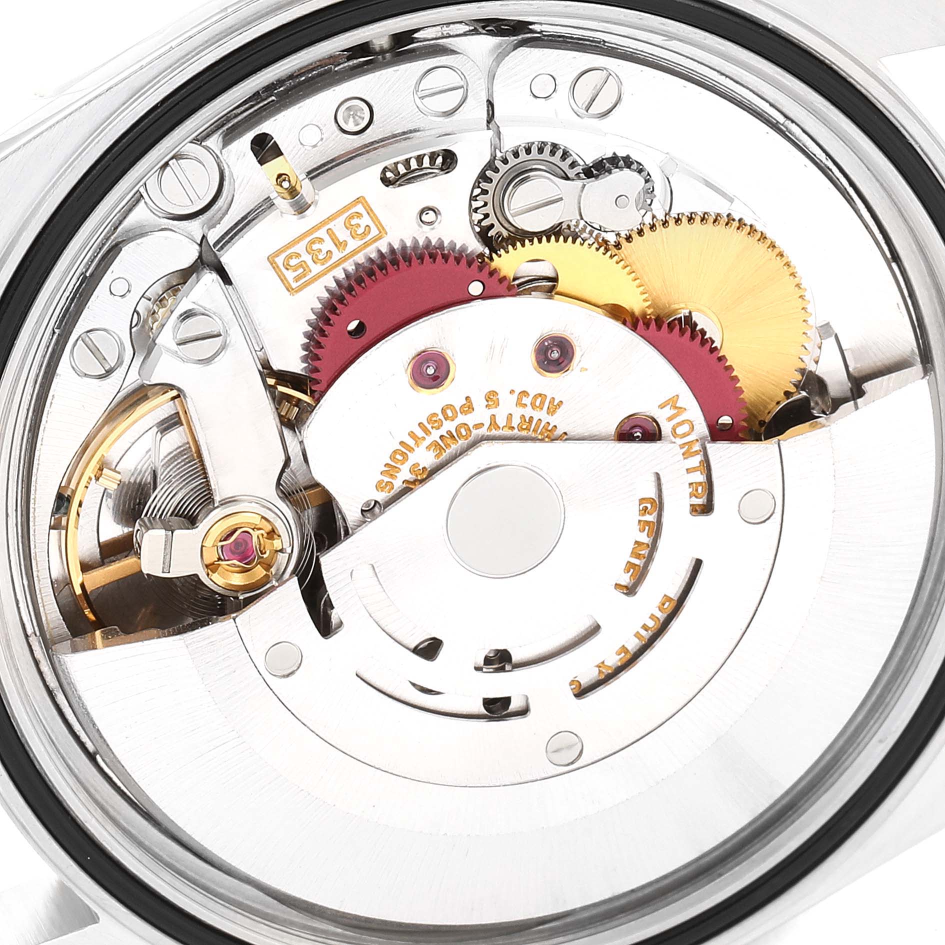 This image shows a close-up view of the intricate inner mechanism of the Rolex Datejust 16233 Men's Steel and Gold (two tone) White Dial 16233 Men's Steel and Gold (two tone) White Dial watch.