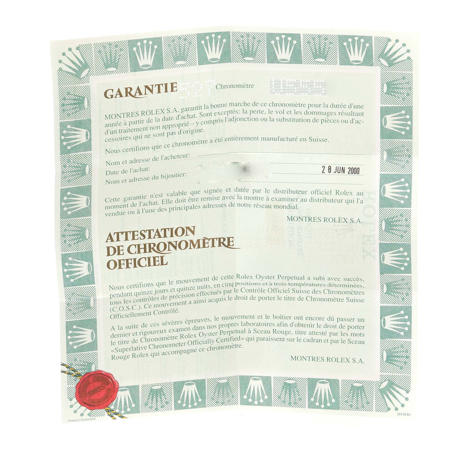 This is a certification and warranty document for the Rolex Datejust 16233 Men's Steel and Gold (two tone) White Dial 16233 Men's Steel and Gold (two tone) White Dial watch, showing text and official seals.