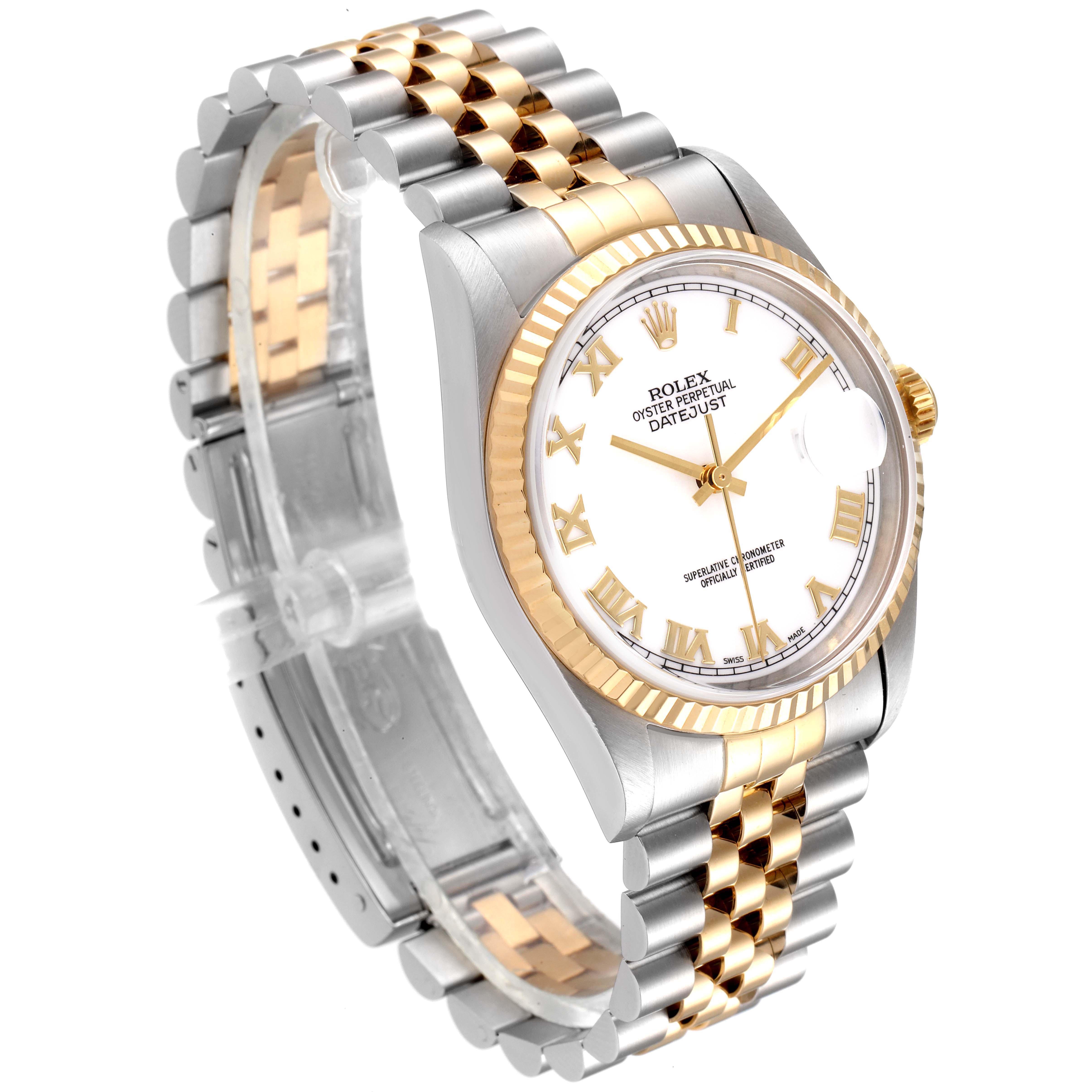 This image shows a Rolex Datejust 16233 Men's Steel and Gold (two tone) White Dial 16233 Men's Steel and Gold (two tone) White Dial watch with a gold and silver two-tone bracelet and white dial at a three-quarters angle.