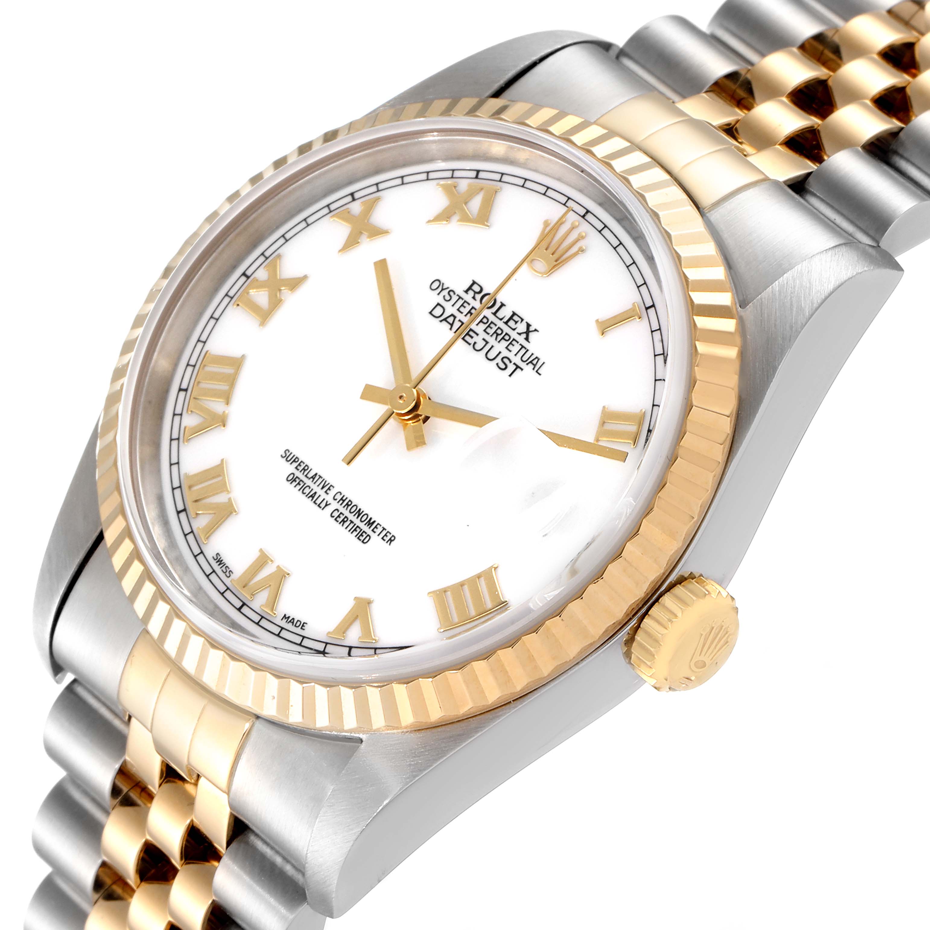 This Rolex Datejust 16233 Men's Steel and Gold (two tone) White Dial 16233 Men's Steel and Gold (two tone) White Dial model is shown at a slight angle, highlighting its dial, bezel, crown, and bracelet.