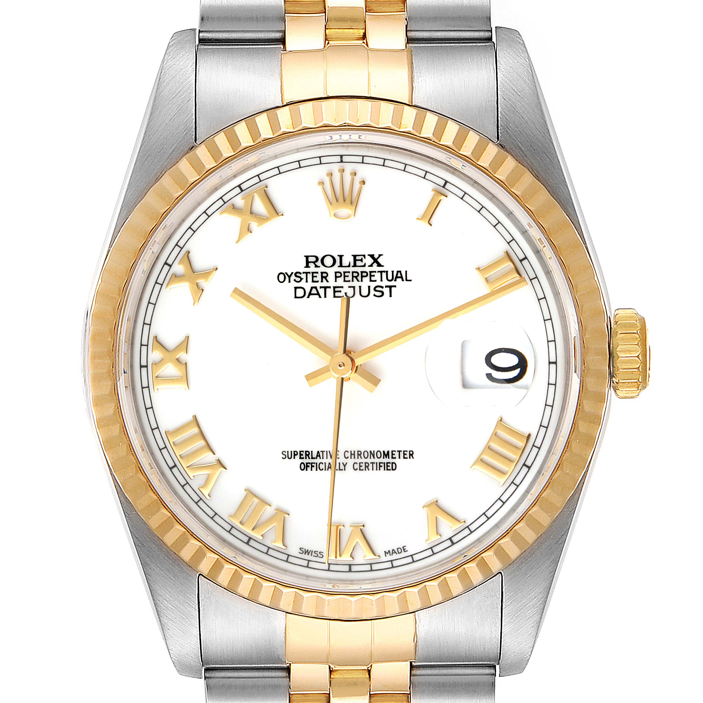 The Rolex Datejust 16233 Men's Steel and Gold (two tone) White Dial 16233 Men's Steel and Gold (two tone) White Dial model watch is shown from a top-down angle, highlighting its dial, bezel, and part of the two-tone bracelet.