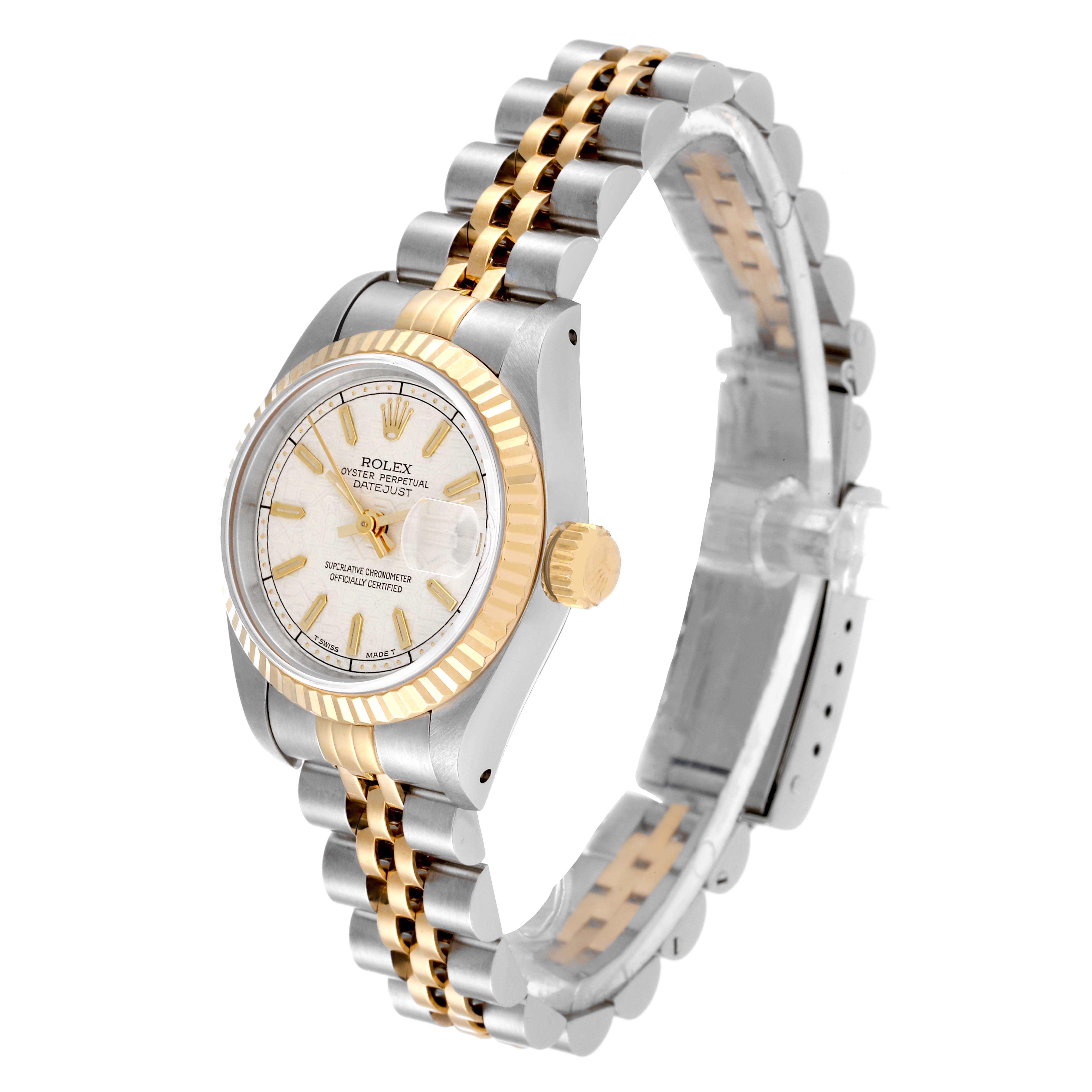 The image shows a side-angle view of the Rolex Datejust 69173 Women's Steel and Gold (two tone) Silver Dial 69173 Women's Steel and Gold (two tone) Silver Dial watch, featuring its dial, bezel, crown, and two-tone bracelet.