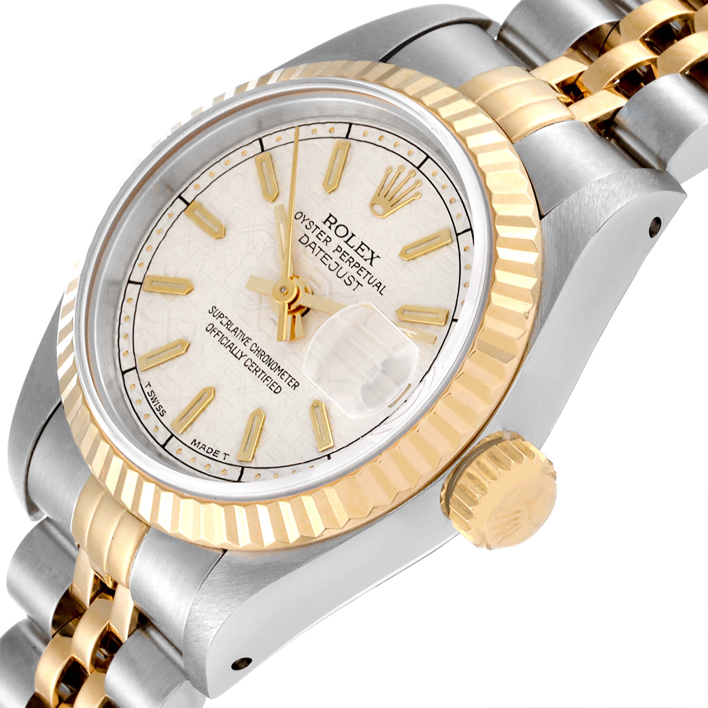 The image shows a close-up, angled view of the dial, bezel, crown, and part of the bracelet of a Rolex Datejust 69173 Women's Steel and Gold (two tone) Silver Dial 69173 Women's Steel and Gold (two tone) Silver Dial watch.