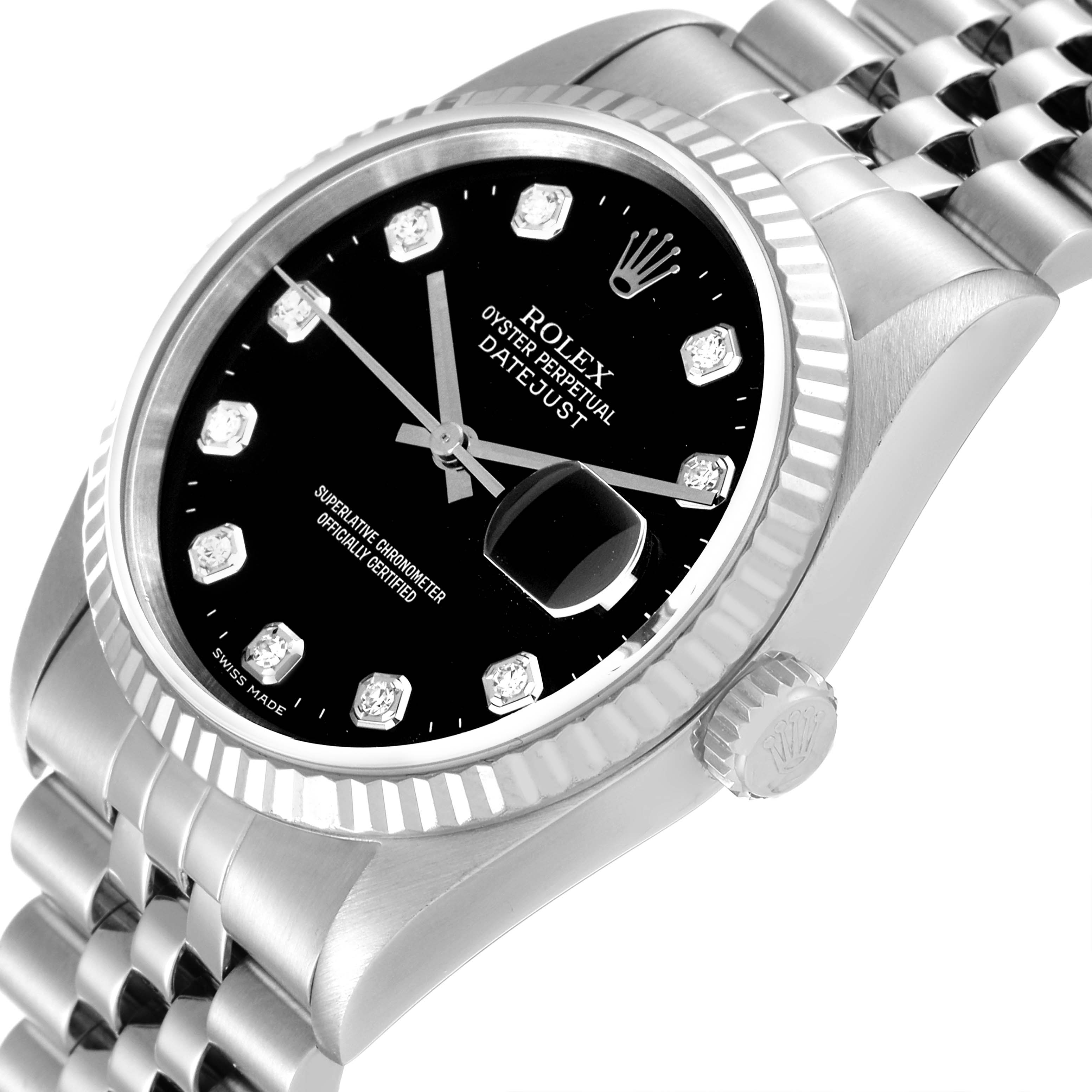 The Rolex Datejust 16234 Men's Stainless Steel Black Dial 16234 Men's Stainless Steel Black Dial watch is shown at an angled view, displaying the dial, bezel, crown, and part of the bracelet.